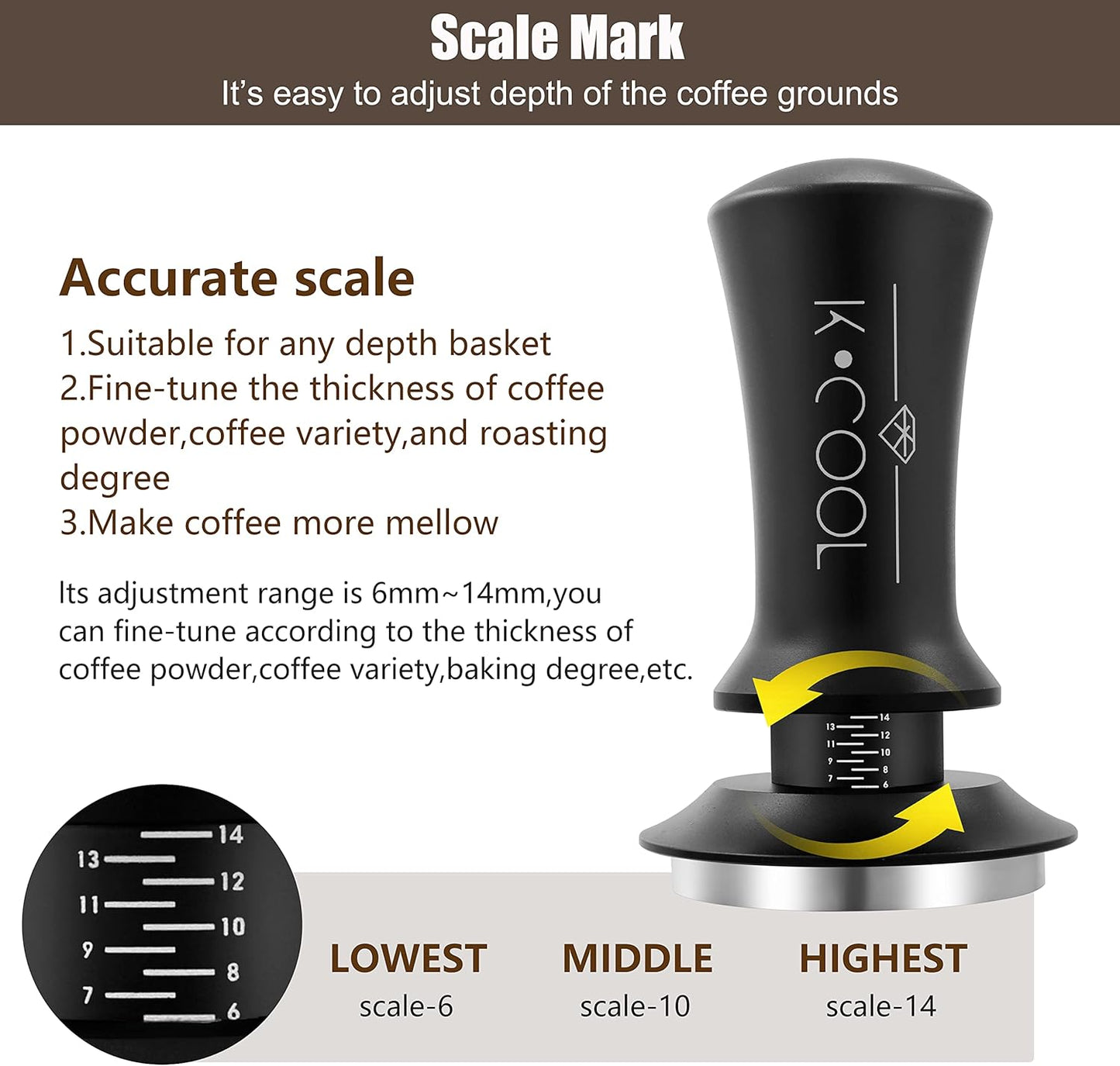 K COO Espresso Tamper, Premium Barista Tools Coffee Tamper with Calibrated Spring 30lb, 100% Stainless Steel Flat Base Tamper with Scale Mark Fits for Breville 54mm Portafilter Basket (53mm, Black)