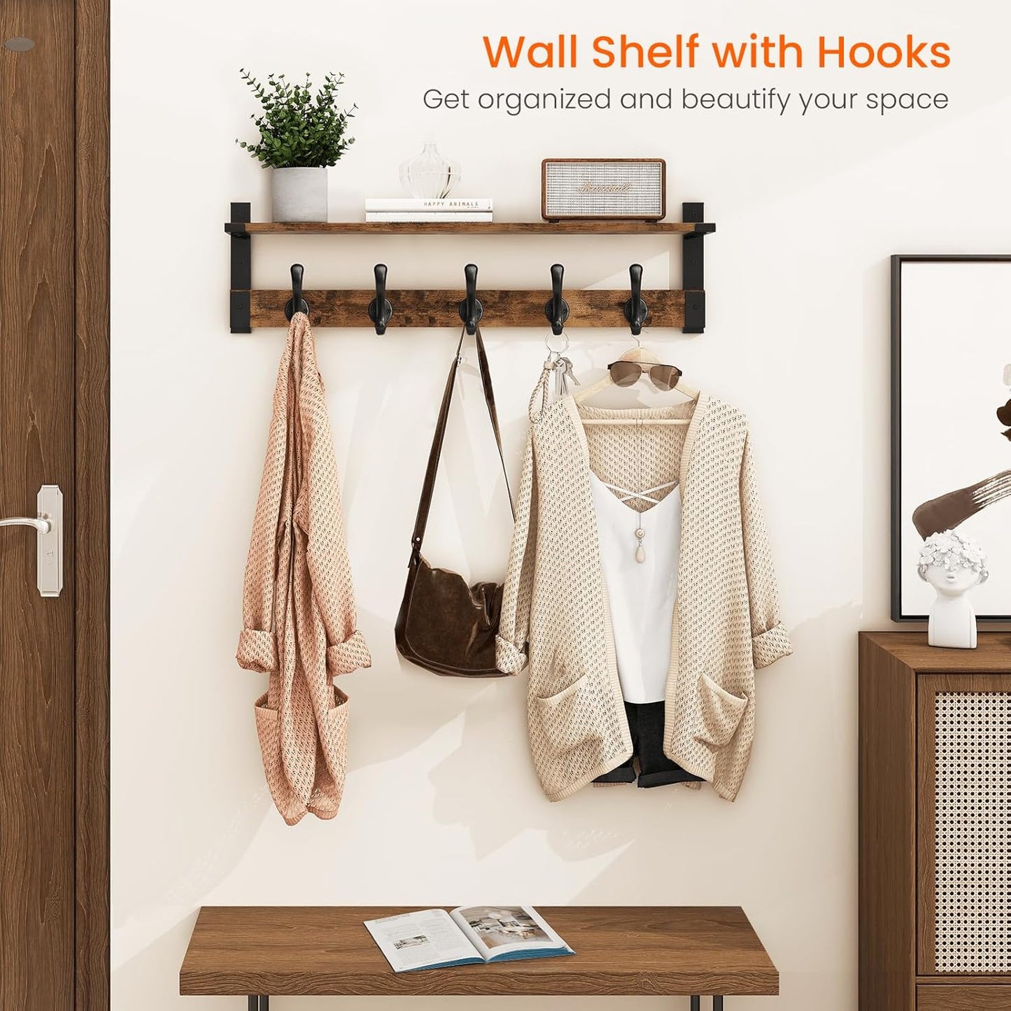 Homode Coat Rack Wall Mount, 29 Inch Long Shelf with Hooks, Wood Entryway Shelf with 5 Hangers for Hanging Hat Jacket Backpack Purse, Rustic Brown Black