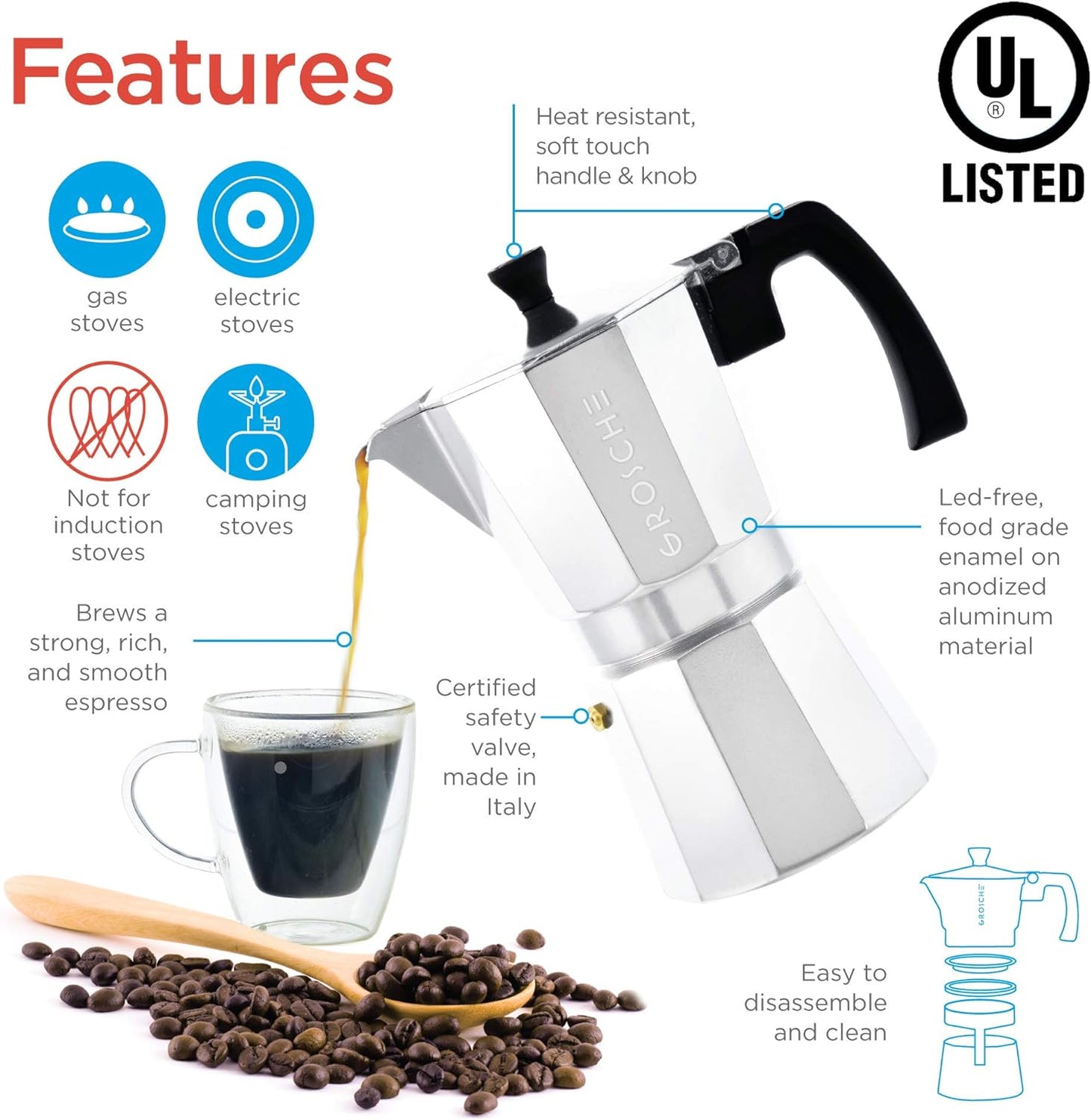 GROSCHE Milano Moka Pot | 3 Espresso Cup - 5 oz | Stovetop Espresso Percolator & Coffee Maker – Portable, Ideal for Home and Camping