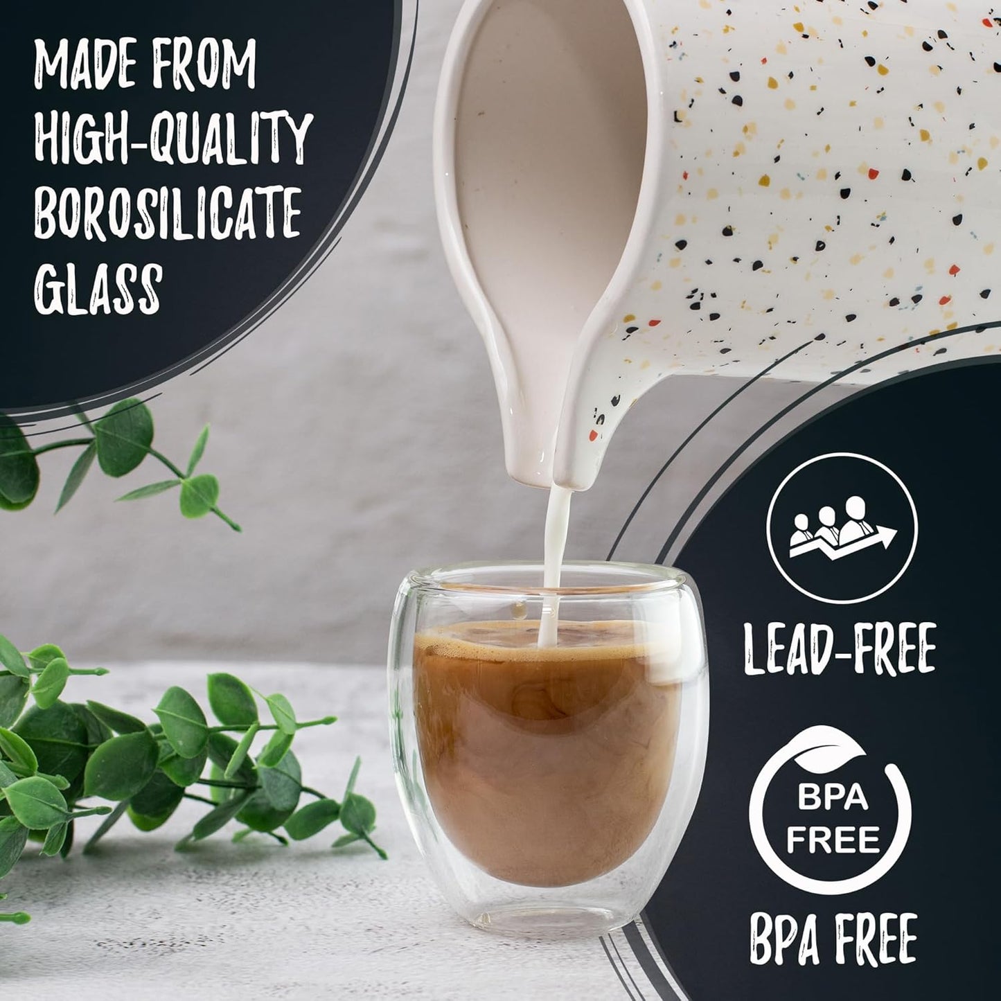Bacimi® Double Wall Insulated Coffee Mugs (Set of 4 / 5oz) - Clear Borosilicate Cups - Thermal Drinking Cups for Espresso, Cappuccino, Latte, Tea, Hot Beverage, Wine - Microwave Safe