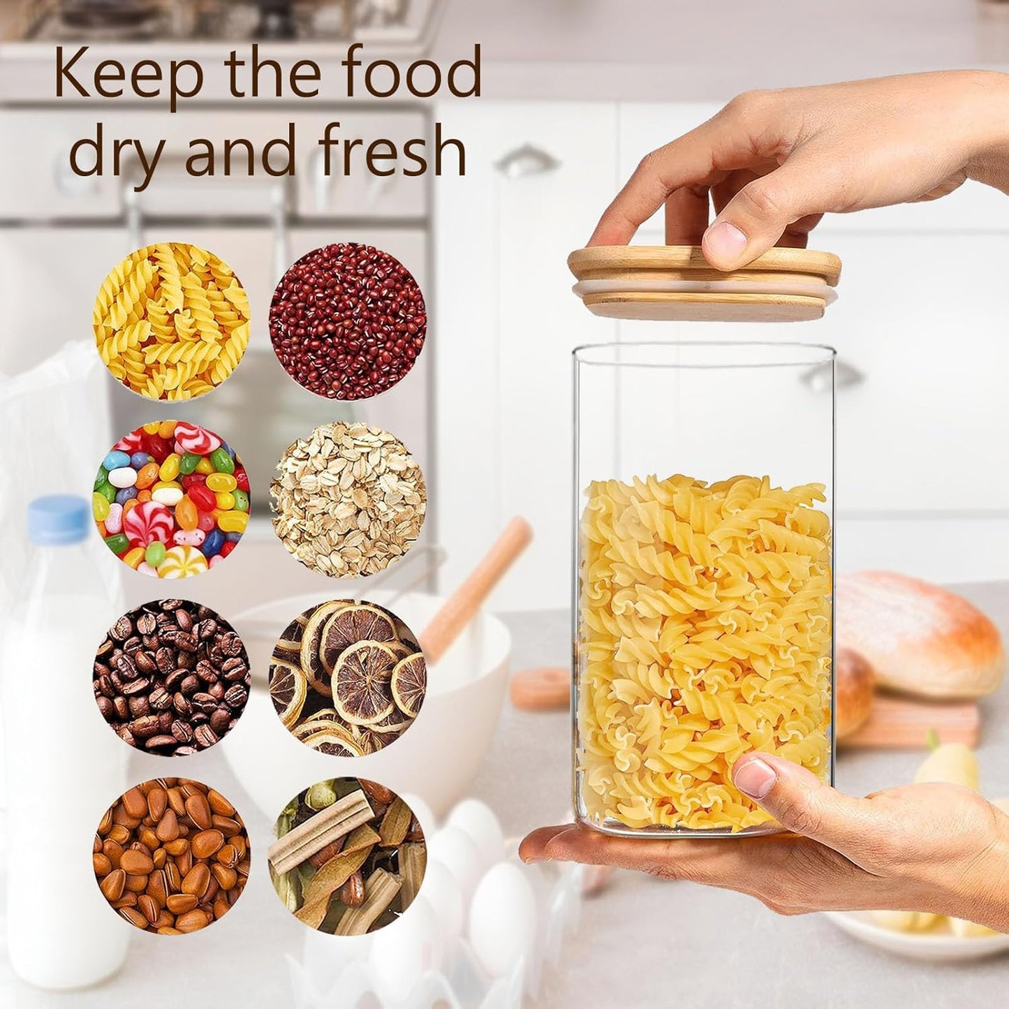 Square Glass Jars Canister with Wood Lid 50 FL OZ [Set of 3], Container Jar with Sealing, Lids for Oat Pasta Flour Cereal Rice Sugar Tea Coffee Beans, Best for Kitchen & Pantry
