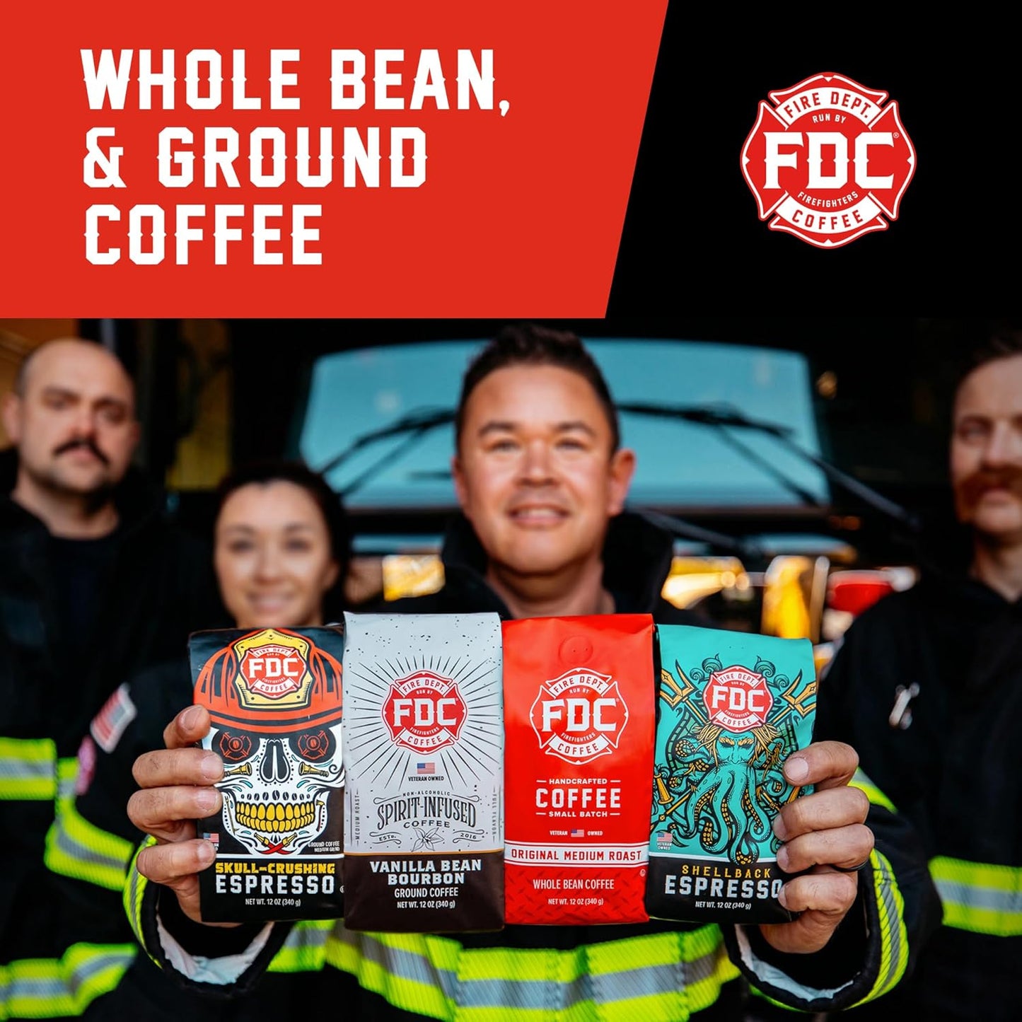 Fire Department Coffee - Vanilla Bourbon Coffee - Gives Back to Firefighters - Vanilla Bean Bourbon Infused - Ground Medium Roast - Non-Alcoholic - Roasted in the USA - Veteran Owned - 12 oz
