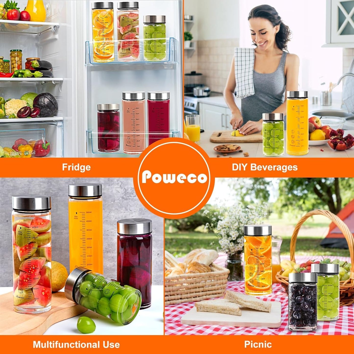 Glass Juice Bottles 4 Pack 10 oz - Wide Mouth Glass Water Bottles with Lids - for Juicing, Protein, Smoothie, Milk, Reusable, BPA Free, Stainless Steel Lids, Blender, Shaker Bottle (10oz/300ml)