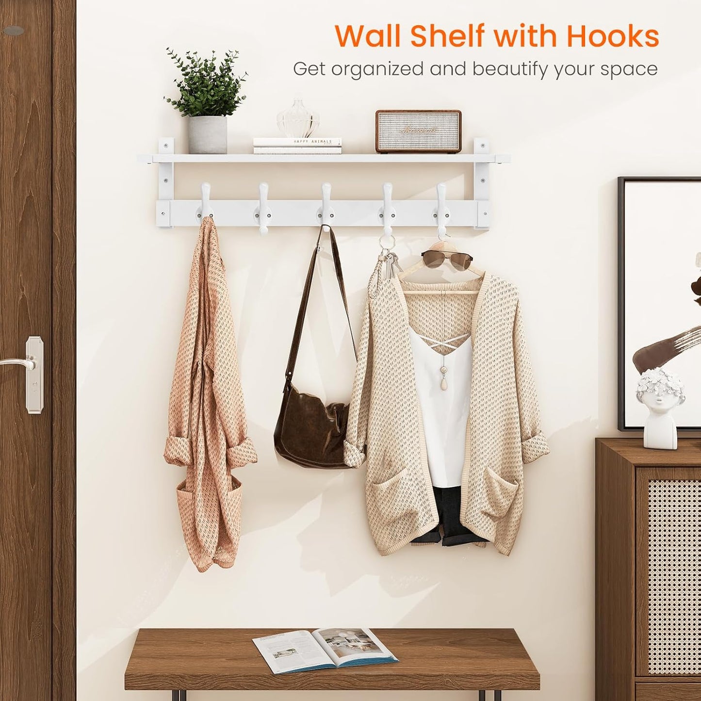 Homode Coat Rack With Wall Shelf, 29" Wooden Entryway Floating Shelf With Hooks Underneath, Hanging Coat Hanger for Bathroom, Living Room, Bedroom, Hallway, White