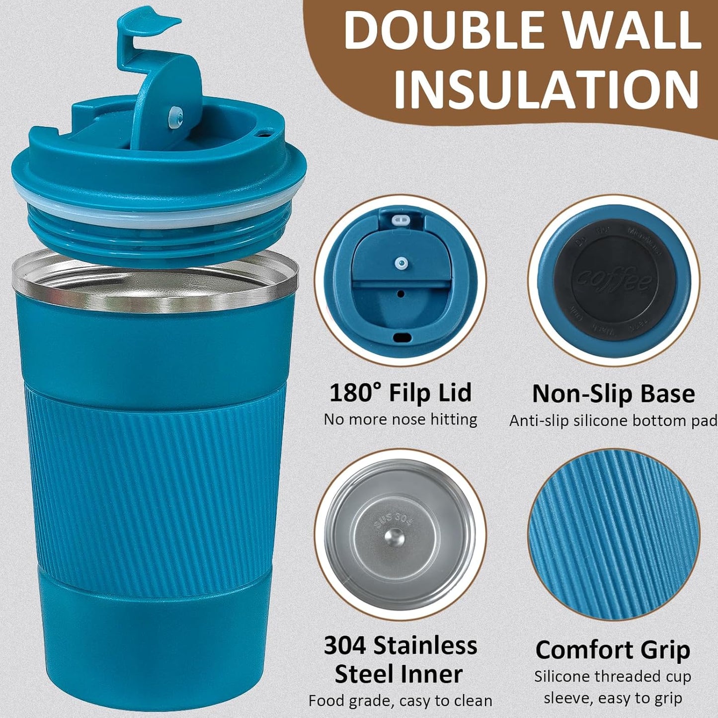 4 Pack Insulated Coffee Mug with Lid 17oz Travel Coffee Tumbler Stainless Steel Reusable Coffee Cups Thermal Coffee Mug for Hot and Iced Cold Drinks, Multicolor