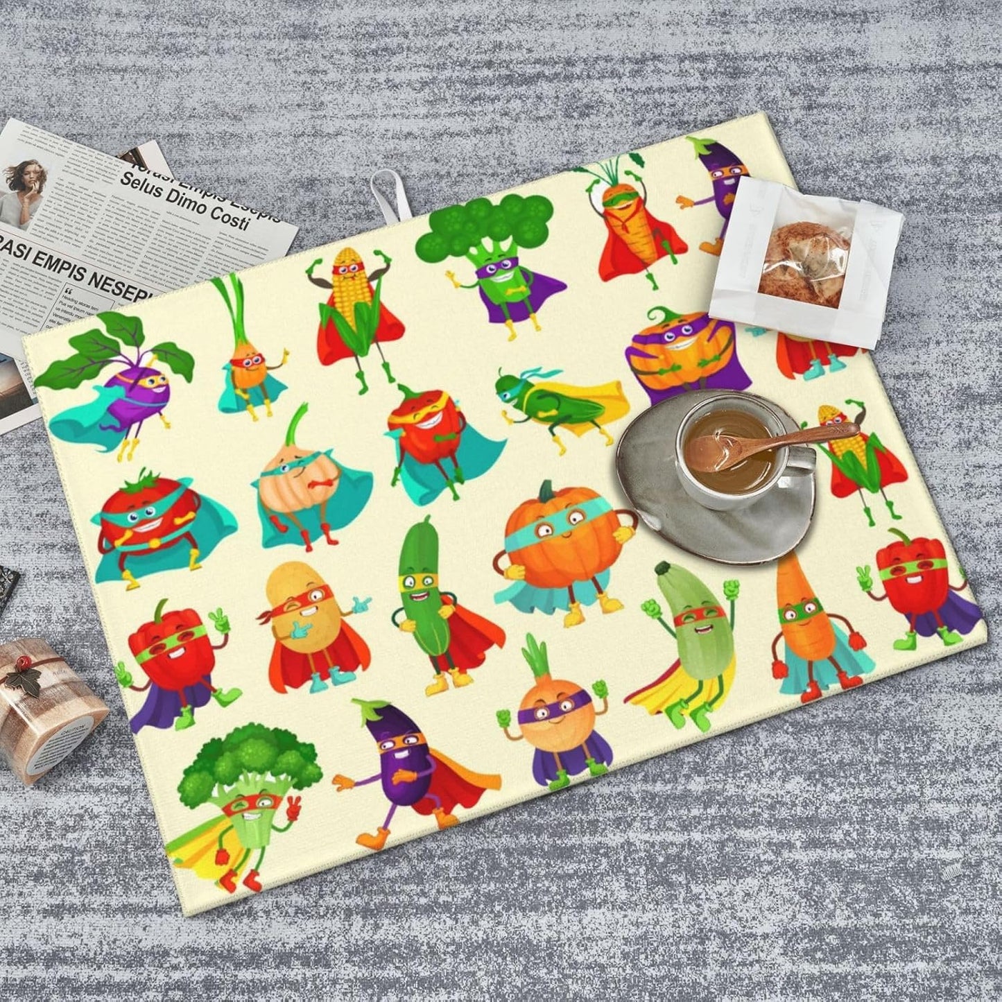 Colorful Cartoon Vegetable Dish Drying Mats, 18 x 24 inch Absorbent Microfiber Decorative Kitchen Counter Mats, Polyester, Washable, Absorption, Foldable, for Sink, Dishes Utensils, Small Appliances