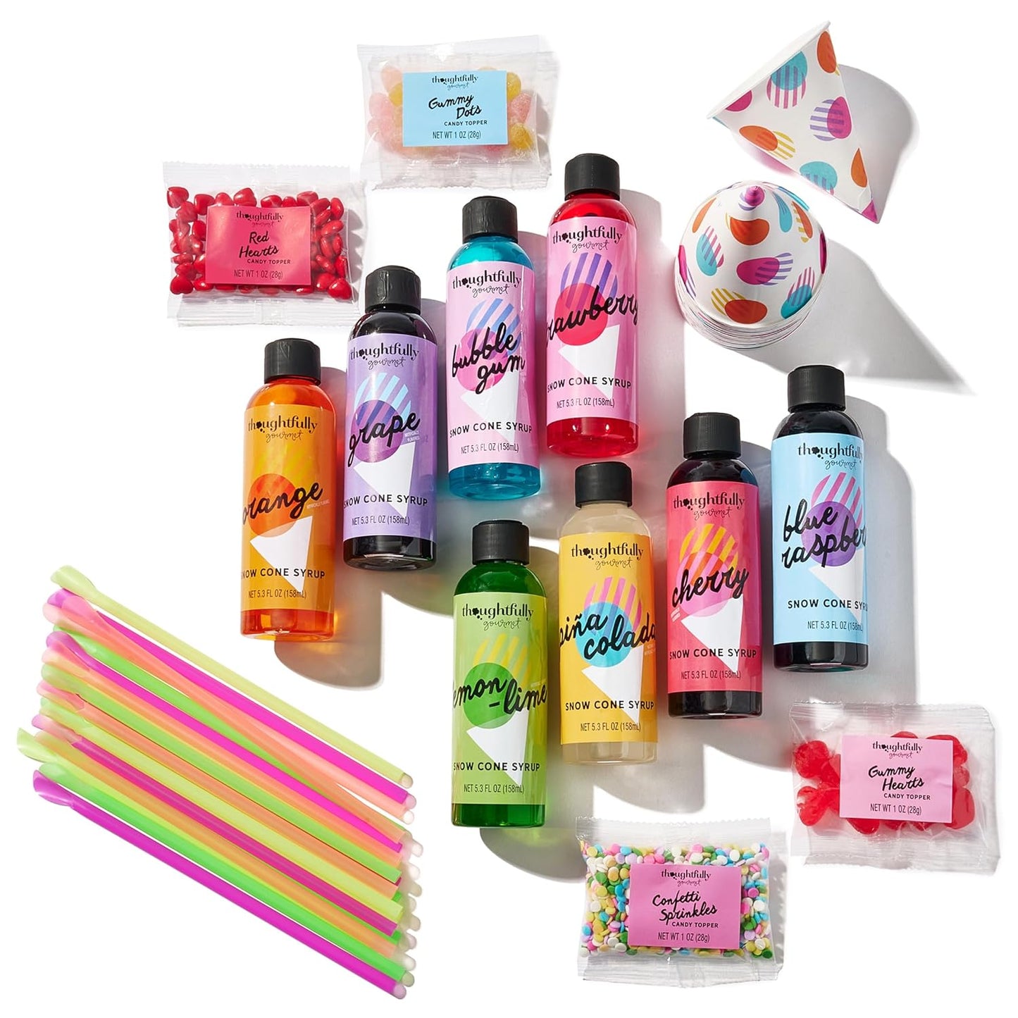 Thoughtfully Gourmet, Snow Cone Party Gift Set, Includes Ingredients for 20 Snow Cones, 8 Flavored Syrups, Toppings, and Paper Cups, Set of 20
