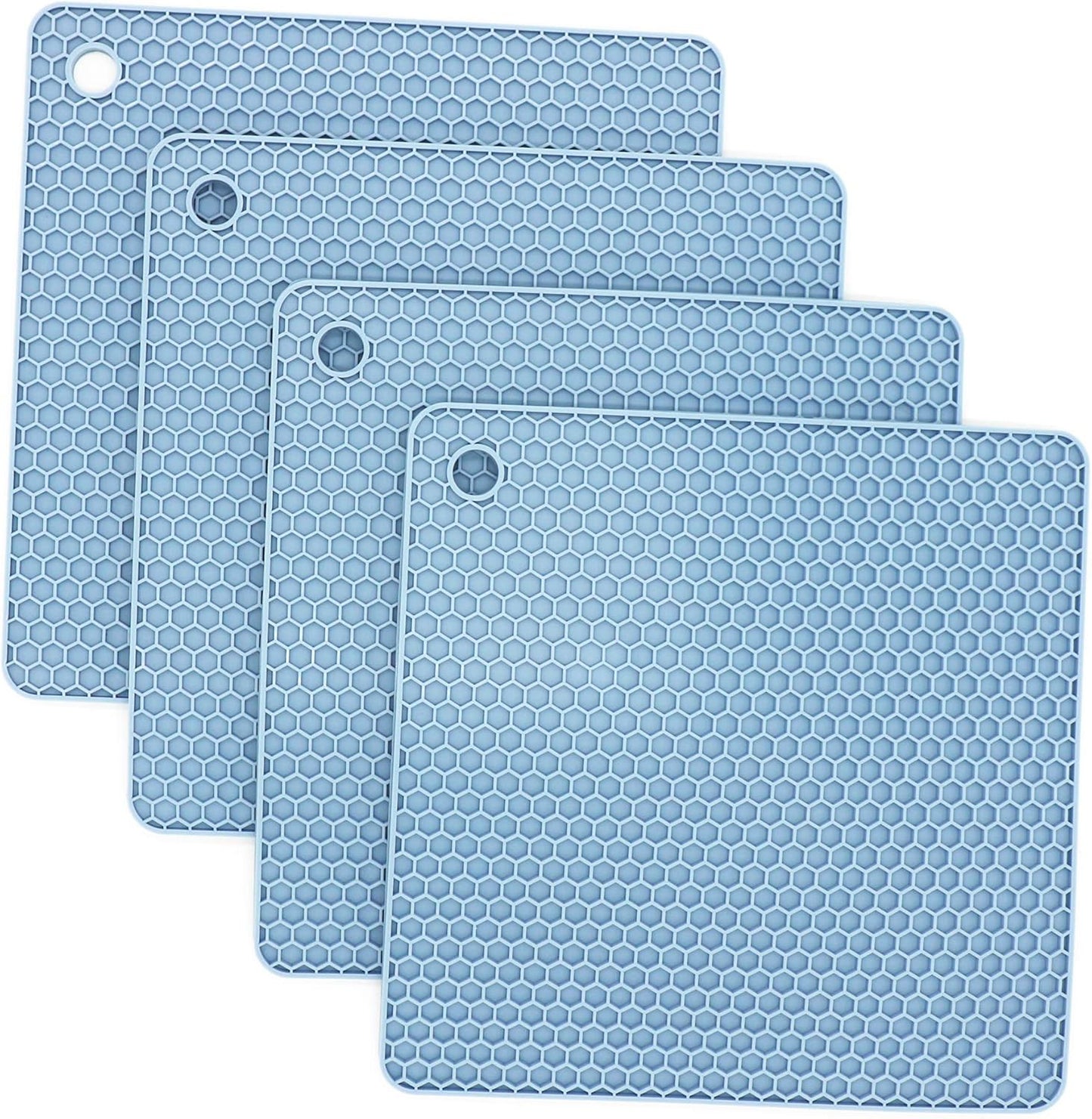 Silicone Trivets Mats, Hot Pads for Pot Holder, Square Trivets for Dishes, Pots and Pans, Multi-Purpose Kitchen Counter Pads, Non-Slip Heat Resistant Mats Set of 4 Blue