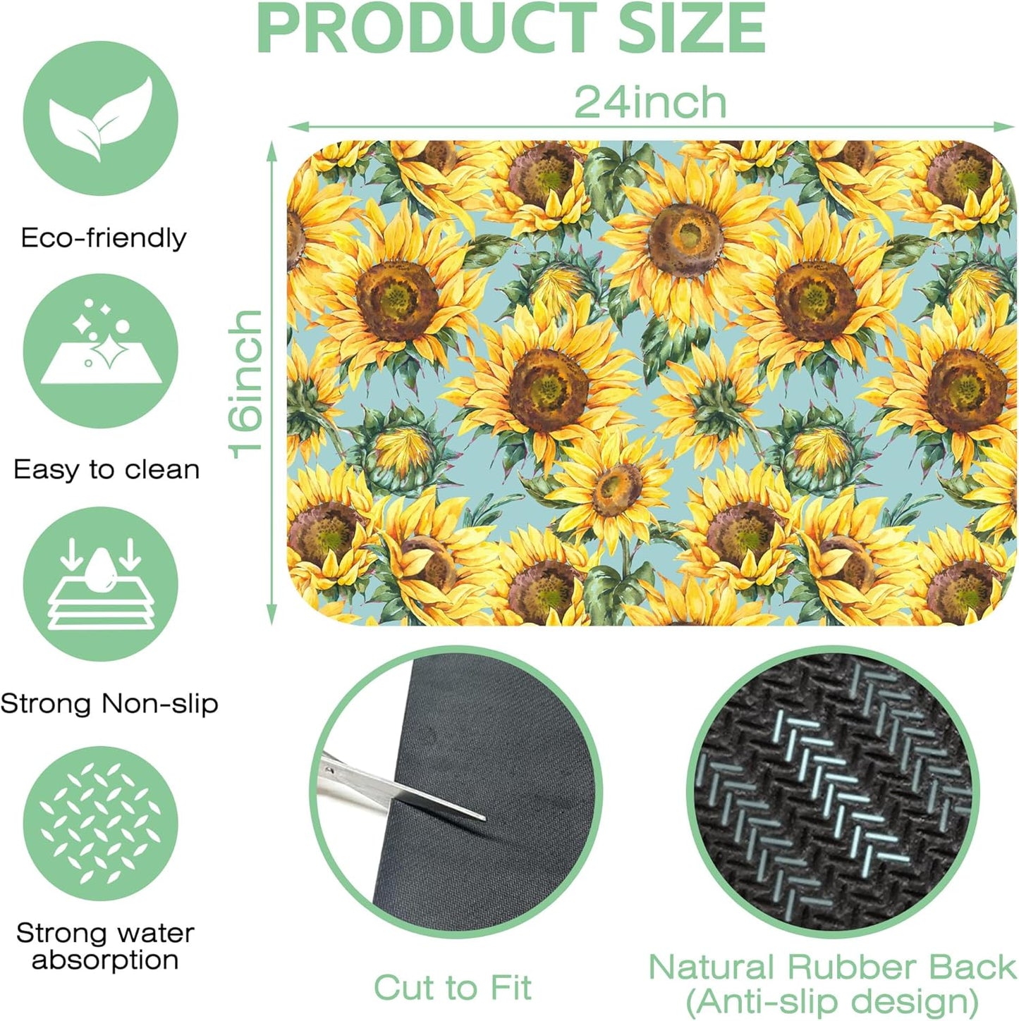 Dish Drying Mat Watercolor Rustic Sunflower Dish Drying Pad,16"X24" Bsorbent Coffee Mat for Sink Dishes or Under Rack Kitchen Counter Accessories Absorbent Hide Stain Rubber Backed Drying Mat