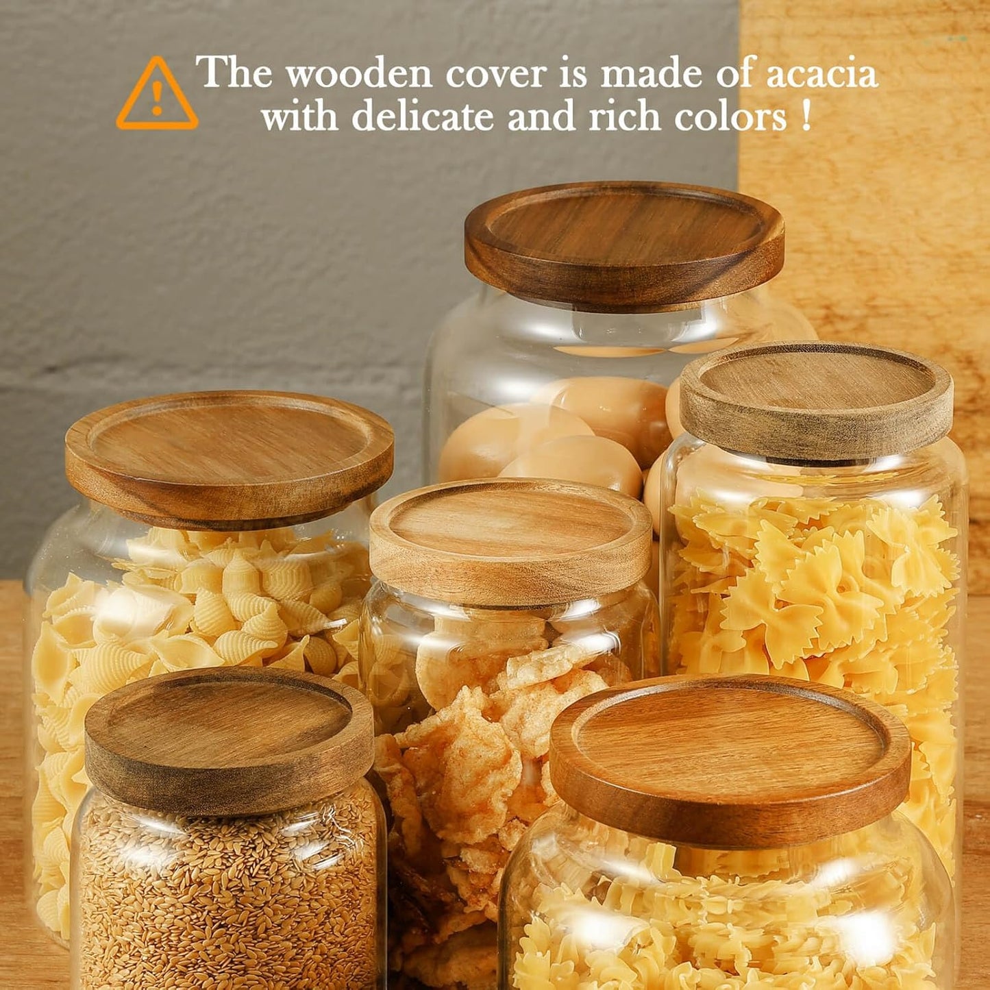Labina Glass Storage Container Airtight Food Jars Kitchen Canister with Wood Lids, 40 Oz Wide Mouth Pantry Organization Glass Jar for Flour, Sugar, Cookie, Spagetti, Nuts and Candy