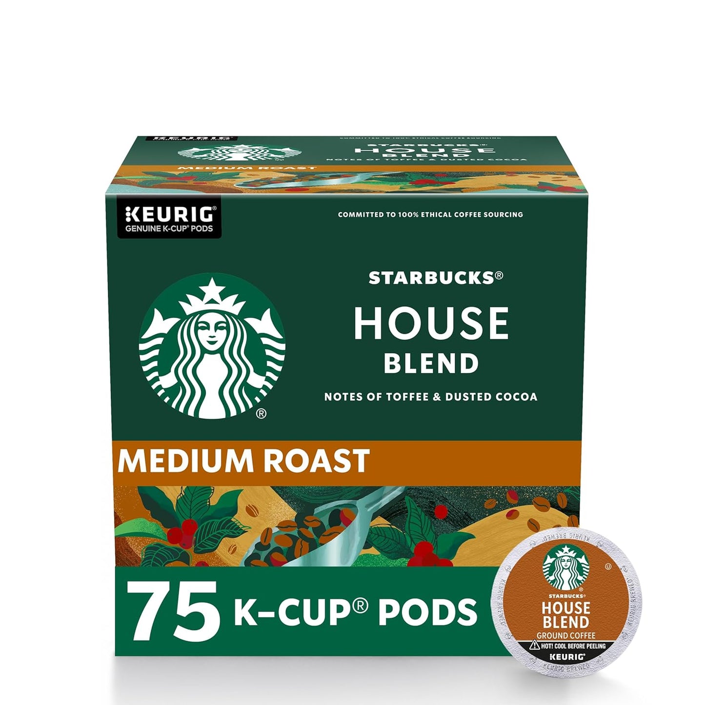 Starbucks K-Cup Coffee Pods, Medium Roast, House Blend for Keurig Coffee Makers, 100% Arabica, 1 Box (75 Pods)