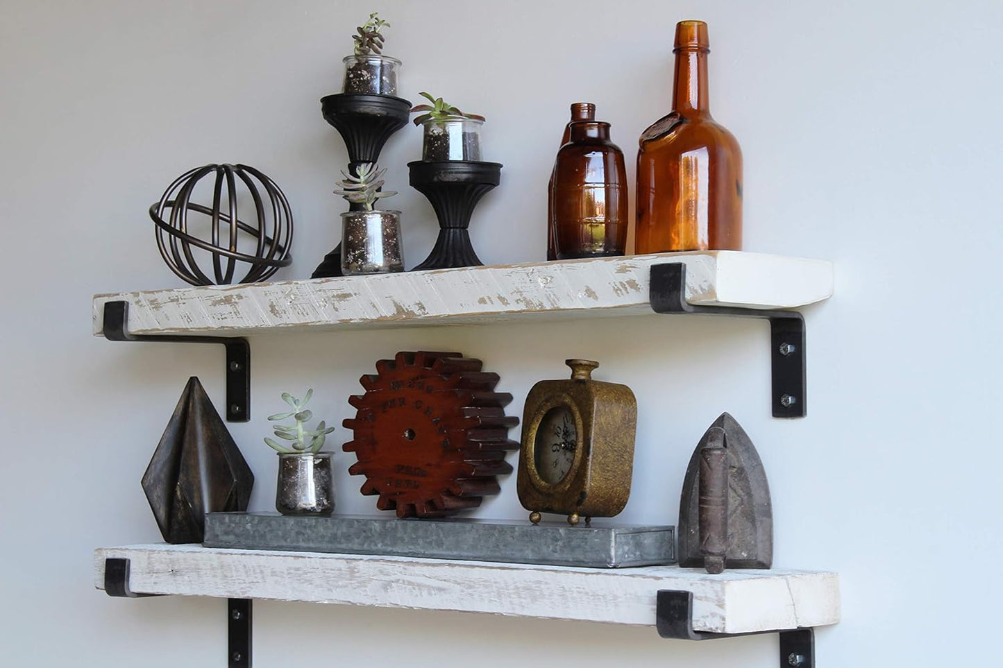 Urban Legacy Accent Shelves | Reclaimed Barn Plank | Set of 2 with Full Brackets (White Wash 40" x 4.5" x 2")