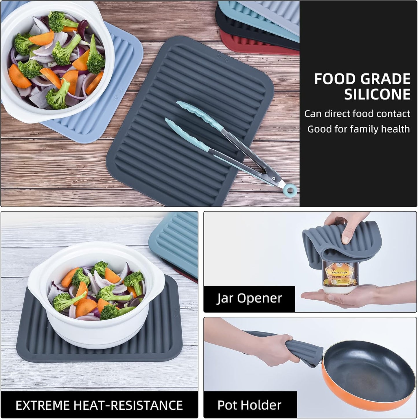 Trivets for Hot Pots and Pans, Large Black Silicone Trivets, Multi-Purpose Silicone Mat for Countertops, Heat Resistant, Set of 2