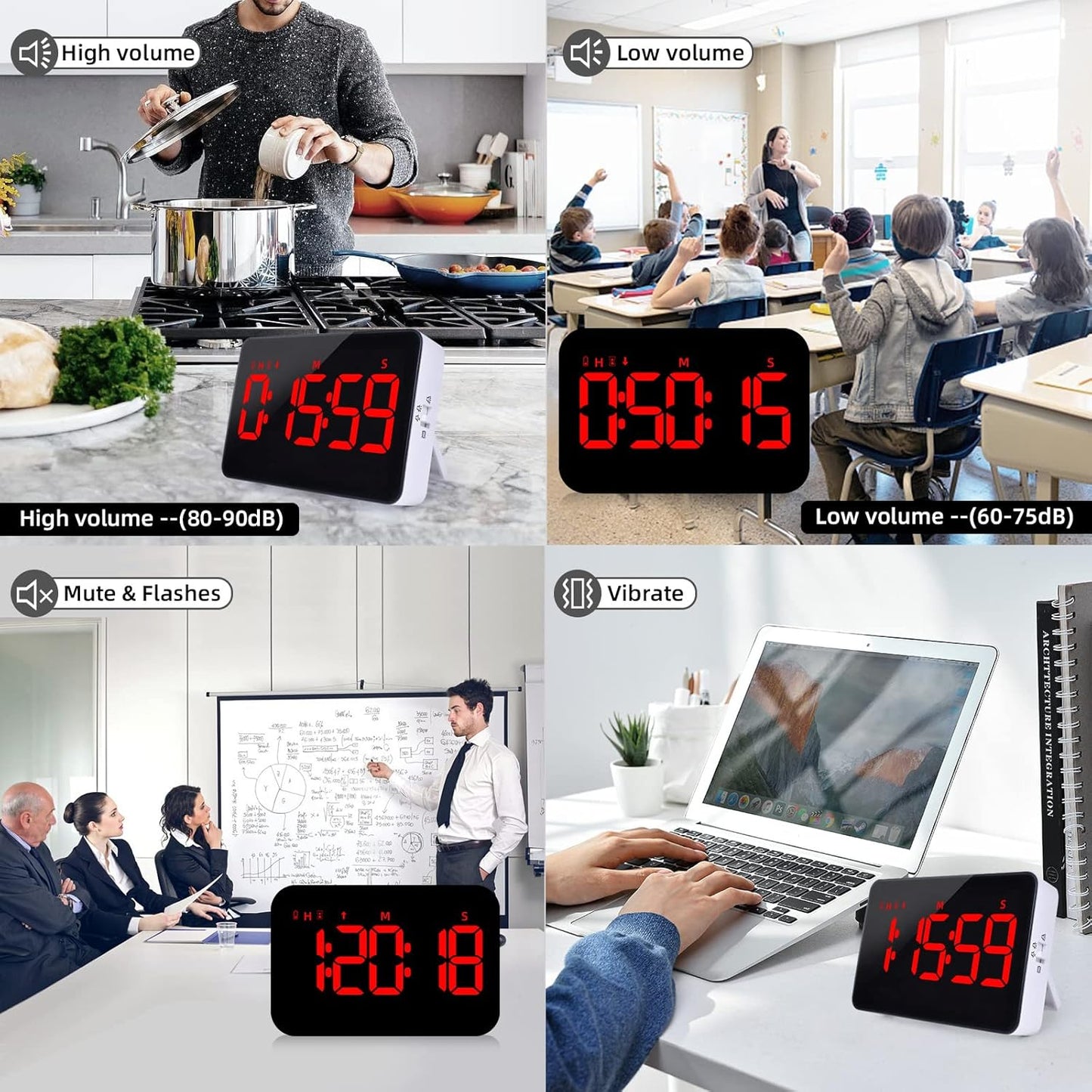 Digital Timer Kitchen Timer Count Down Up Rechargeable Kitchen Gadgets Vibration Mode Adjustable Volume and Brightness LED Display Time Management for Cook, Desk, Kids Adults Study Teaching