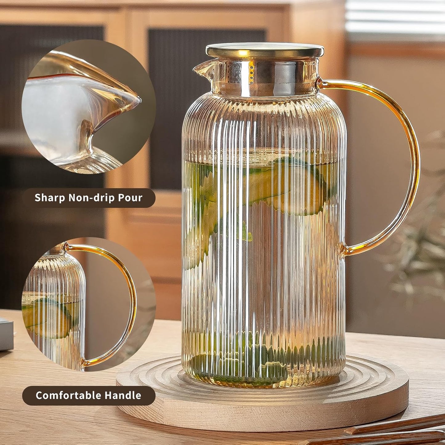 Glass Pitcher with Lid, 68 oz/ 2 Liter Amber Classic Vertical Stripes Water Pitcher,Glass Water Carafe for Cold Brew, Coffee, Lemonade, Iced Tea,Beverage, Heat Resistant Water Glass Jug
