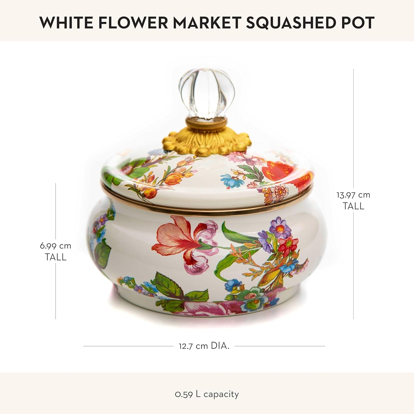 MACKENZIE-CHILDS Enamel Squashed Pot, Cute Enameled Container with Lid, 20 Ounces, White Flower Market