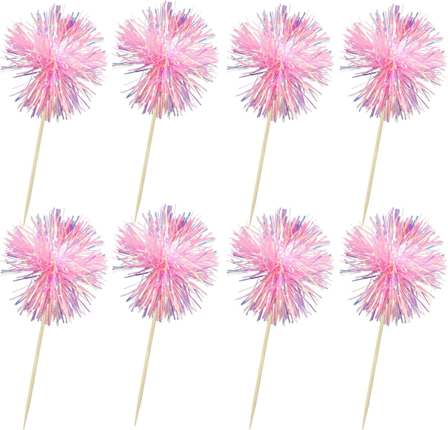 Ephlyn 30Pcs Foil Firework Cupcake Toppers Sparkle Tinsel Cupcake Picks Happy Birthday Cake Toppers Drink Cocktail Food Fruit Toothpicks for Baby Shower Birthday Party Supplies Pink