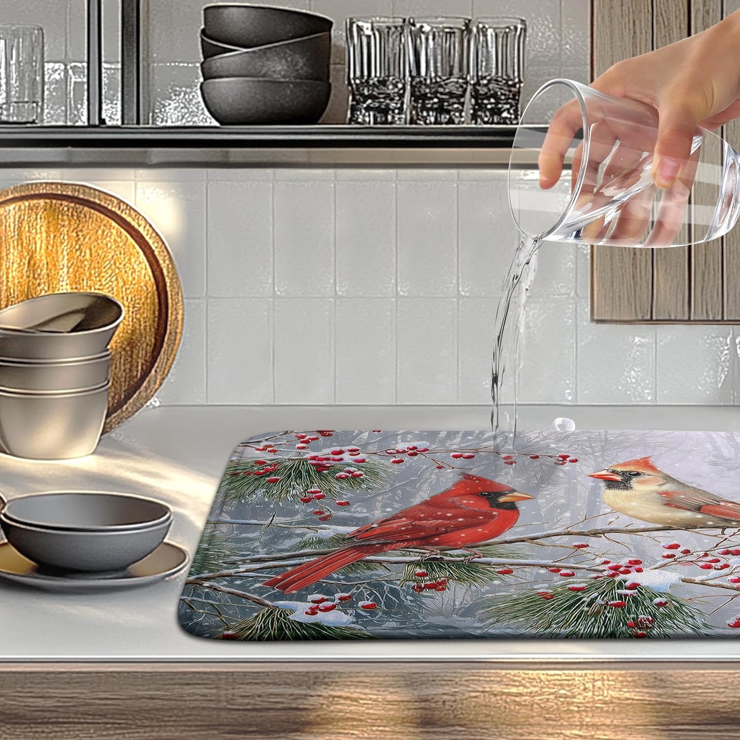 Winter Cardinal Birds Dish Drying Mats Christmas Snowflake Dish Mat Kitchen Tree Large Drying Matt Dishes Dryer Pad for Kitchen Counter Absorbent Microfiber Washable Foldable Reusable 18x24 in