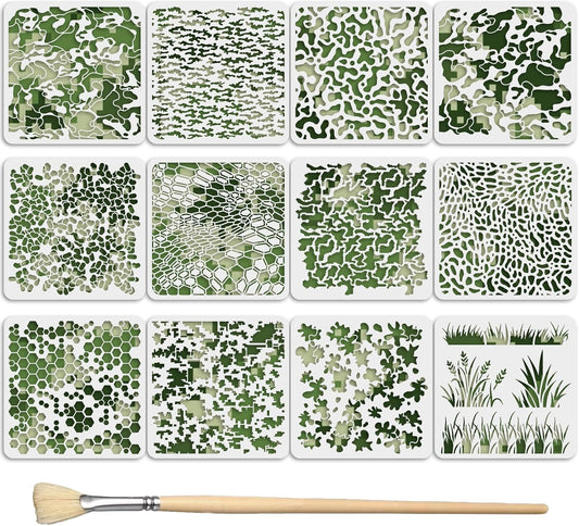 12PCS Camo Stencils for Spray Paint 12 x 12 Inch Camouflage Pattern Stencils with Brushes Grass Pattern Stencil Reusable Camo Stencil for Painting Wood Boat DIY Crafts Spray Painta