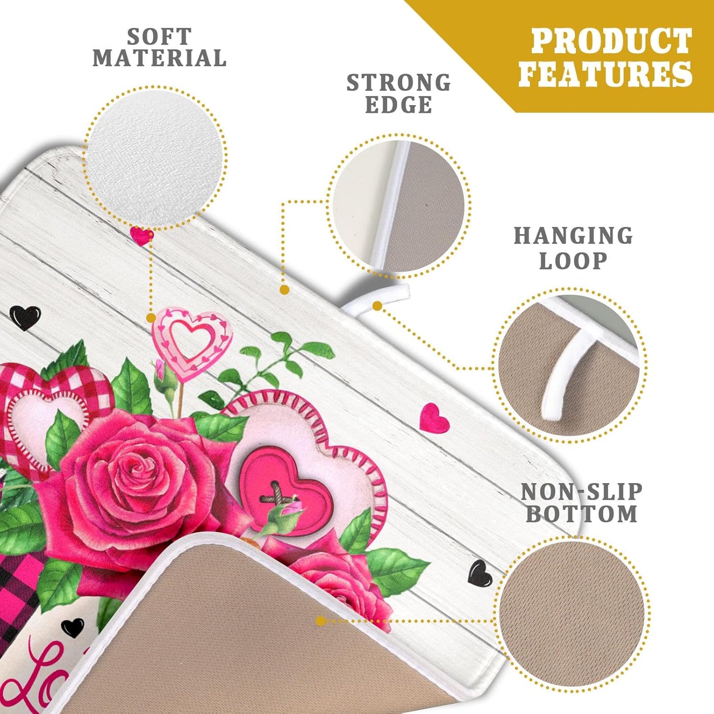 Valentine's Day Rose Flower Dish Drying Mat for Kitchen Counter,Mason Jar Pink Love Heart Drying Mat 16 x 18 Inch with High Absorbent Microfiber Drainer Mat for Coffee Bar