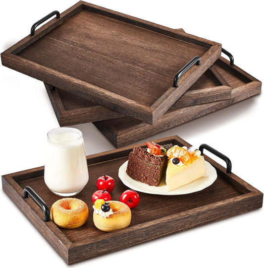 Lallisa 4 Pcs Large Wooden Serving Trays Decorative 15.75 x 11.81 x 2.36 Inch Ottomantray Rustic with Handle for Banquet Party Rectangular Lap Tray for Breakfast Coffee Table Picnic Bed Eating