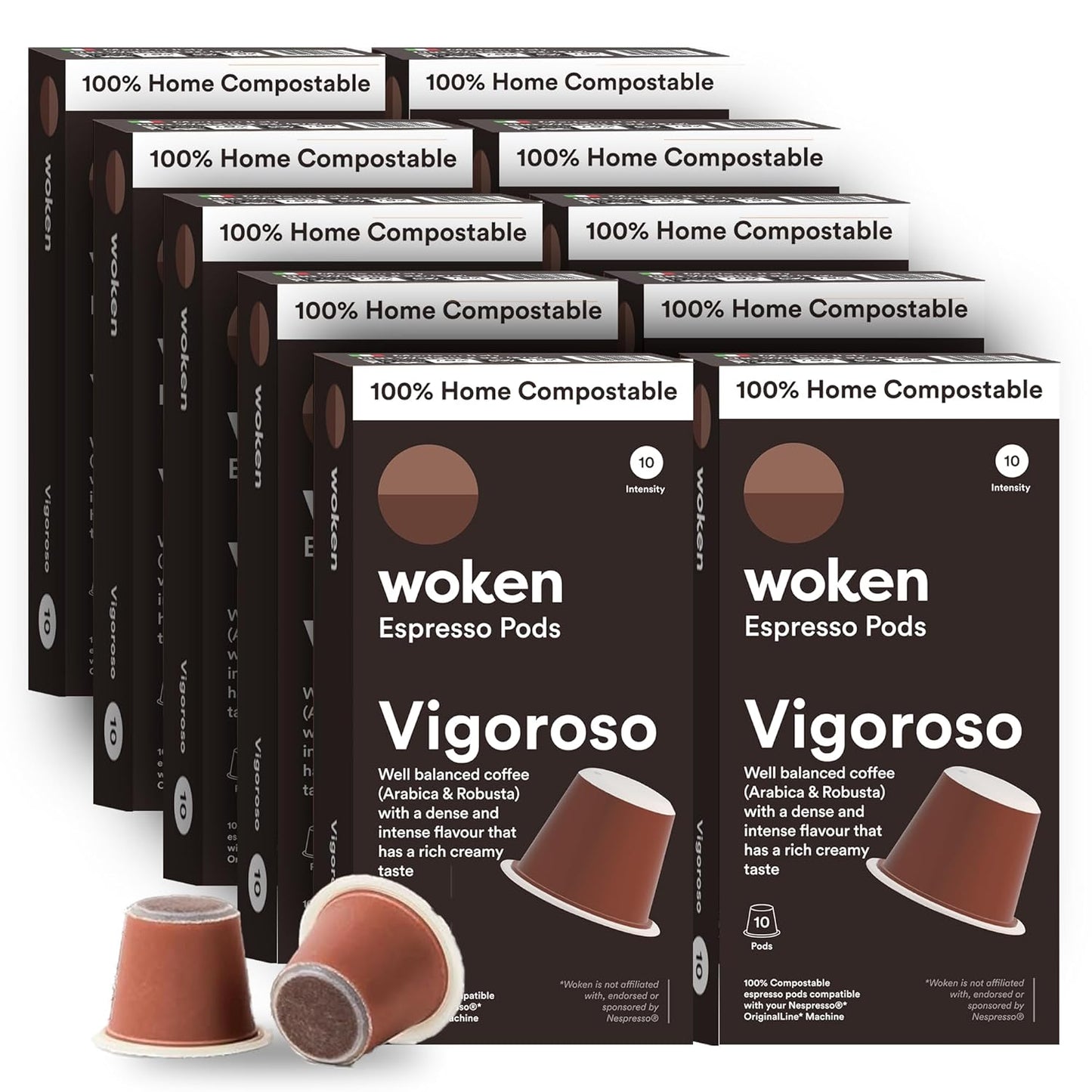 WOKEN COFFEE Compostable Nespresso Pods - Vigoroso Dark Roast Italian Espresso Coffee Capsules Compatible With Nespresso Coffee Machine (100 Pod Count, 10 Boxes)