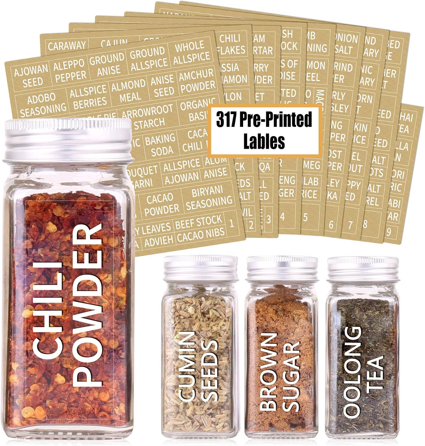 SWOMMOLY 36 Glass Spice Jars with 703 Spice Labels, Empty Square Spice Bottles 4 oz with Pour/Sift Shaker Lid, Airtight Cap, Chalk Marker and Funnel Complete Set