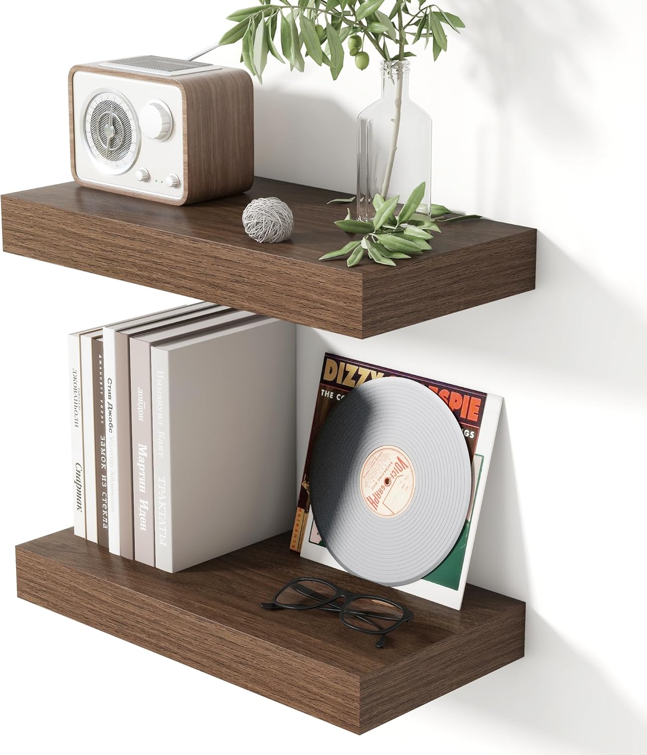 Heimlove 16 Inch Floating Shelves for Wall Walnut Shelves Set of 2,Wall Mounted Rustic Wood 8 Inch Deep Floating Shelf with Invisible Brackets for Bedroom Kitchen Living Room