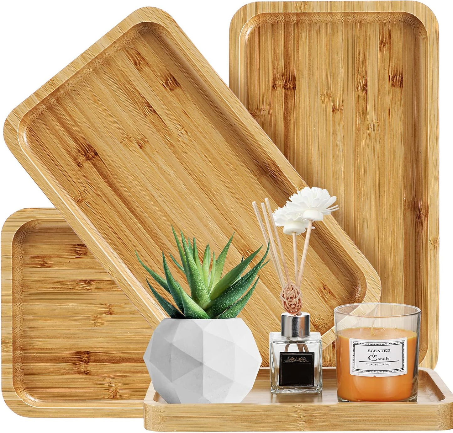 3 Pcs Bamboo Tray for Bathroom Bamboo Vanity Bathroom Counter Organizer Decorative Tea Serving Tray for Dresser Coffee Table Home Decor Toilet Tank Candle Perfume, 9.8 x 5.7 x 0.78 Inch
