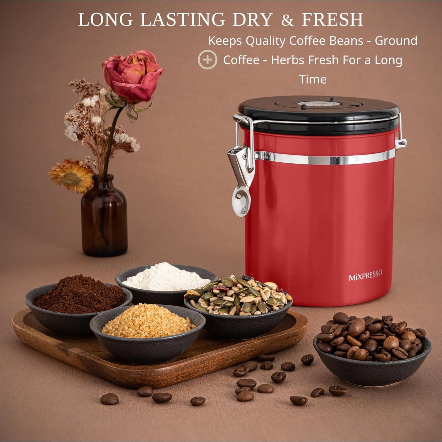 Mixpresso 16 Oz Red Coffee Canister, Stainless Steel Airtight Coffee Container, Air tight Jar Tea Storage with Date Tracker, Vacuum Sealed Espresso Airtight Canister, Sugar Container for Home