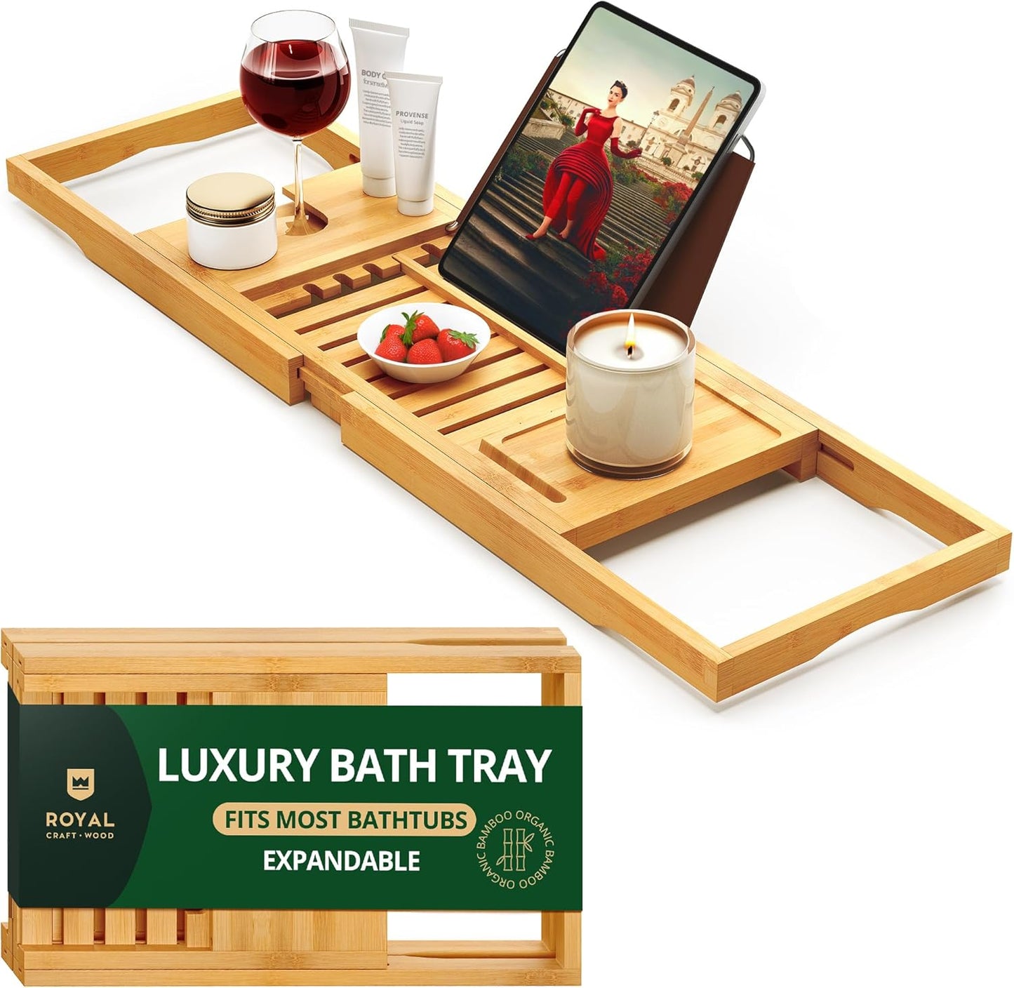 ROYAL CRAFT WOOD Premium Foldable Bathtub Tray Caddy - Wood Bath Tray for Tub, Bamboo Shelf, Expandable Bath Table Trays, Bathtub & Bathroom Accessories for New Home & Mothers, Birthday Gifts for Mom