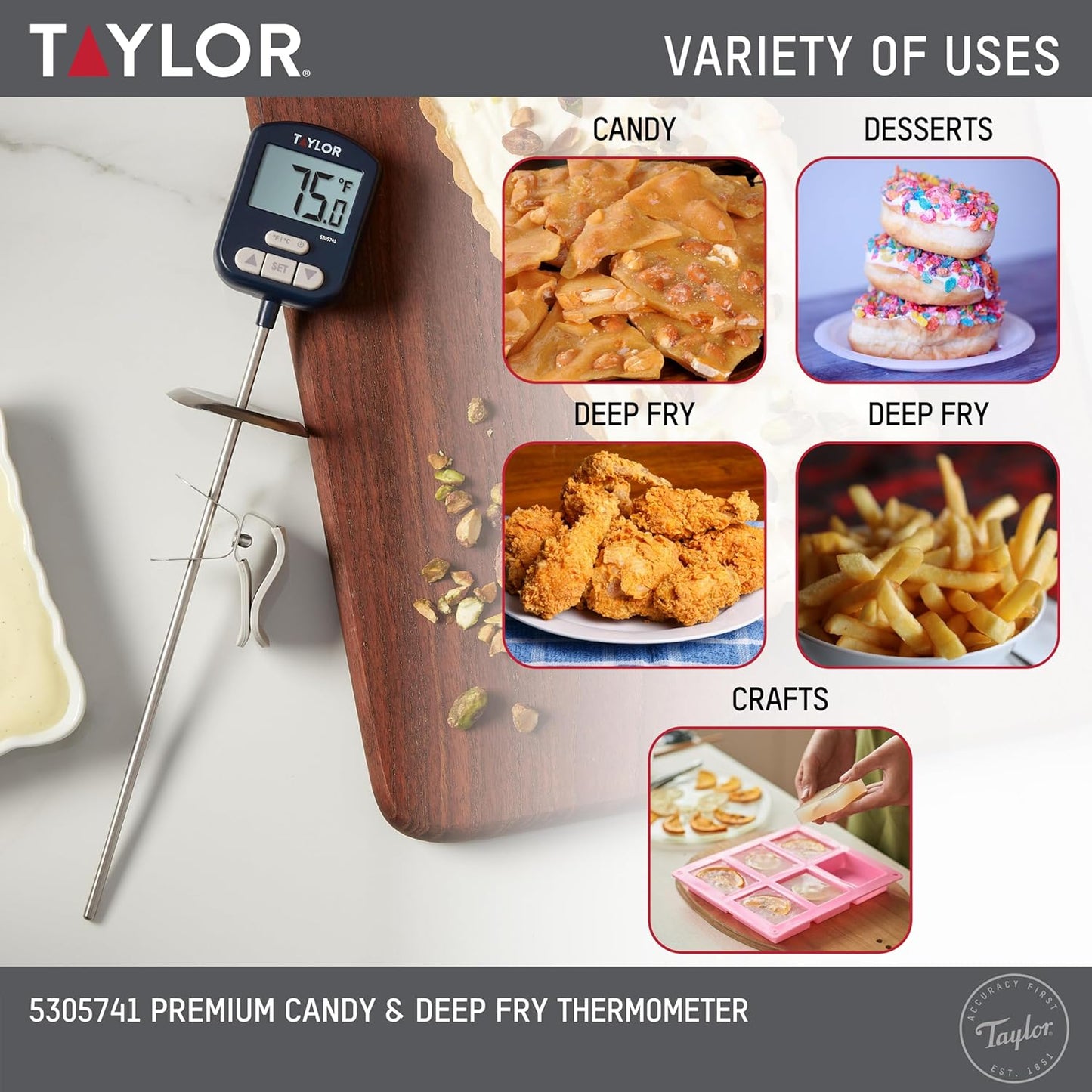 Taylor Digital Premium High Heat Resistant Candy Thermometer, Meat, Deep Fry, Brewing, and Craft Thermometer, with pan/Kettle Clip and Heat Shield, Backlit Display, and Includes 1 CR2032 Battery, Navy