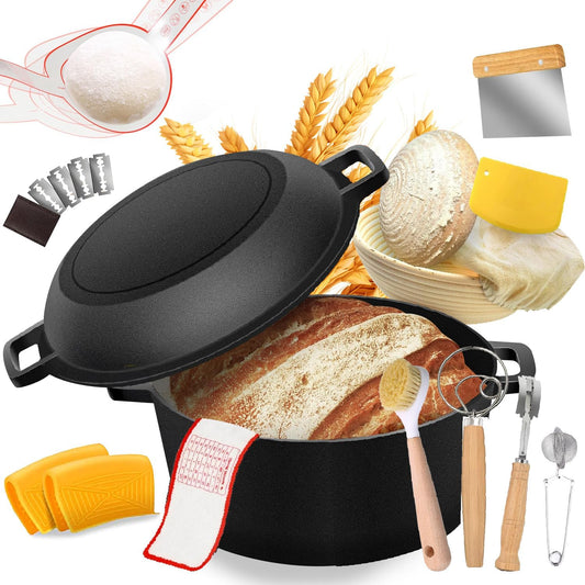 Cast Iron Dutch Oven Bread Baking Kit - 10-Piece Set with Banneton Basket, Dough Scraper, pizza shovel，Bread Lame, Whisk, Brush, and Silicone Grips with Skillet Lid Cooking Pan Handles Lame, 5QT