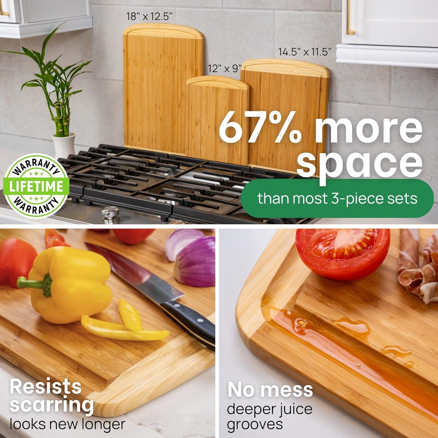 FSC® Certified Extra Large Bamboo Cutting Board Set, Organic Wood Cutting Boards for Kitchen with 67% Larger Surface, Non Toxic Cutting Boards with Lifetime Replacements