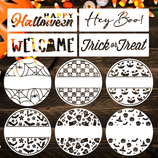 Halloween Stencils for Painting 12inch Large Reusable Halloween Stencil for Door Hanger Round Skeleton Ghost Boo Templates for Wood Walls Windows Door Mat Fabric