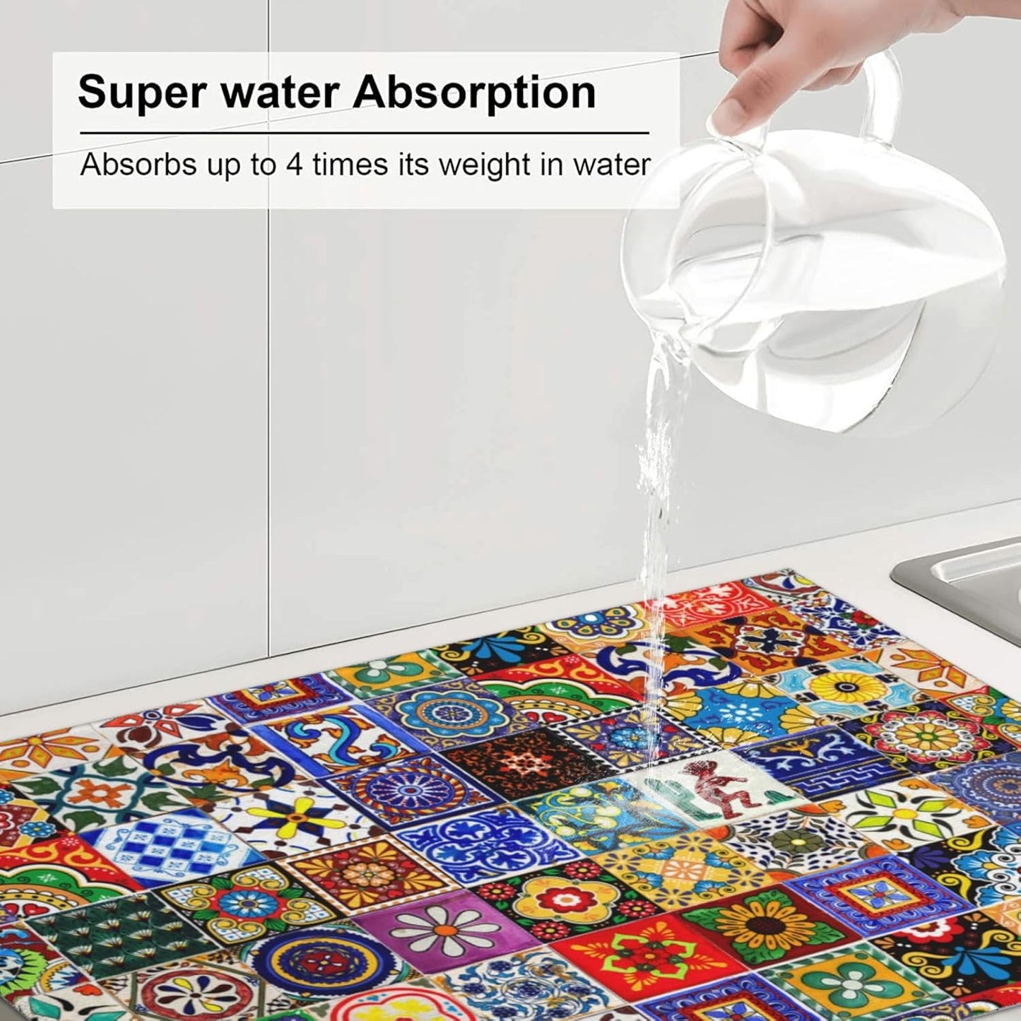 Bohemian Chic Floral Dish Drying Mat, Highly Absorbent Microfiber Kitchen Counter Pad Reusable Washable, 18*24"