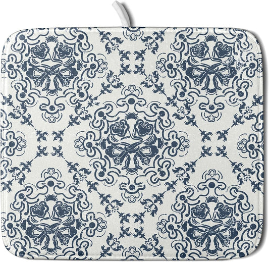 Bohemian Grey Retro Dish Drying Mat for Kitchen Counter,Boho Abstract Flower Art Drying Mat 16 x 18 Inch Microfiber Dish Drying Pad Dish Rack Pad Drainer Mat for Coffee Bar