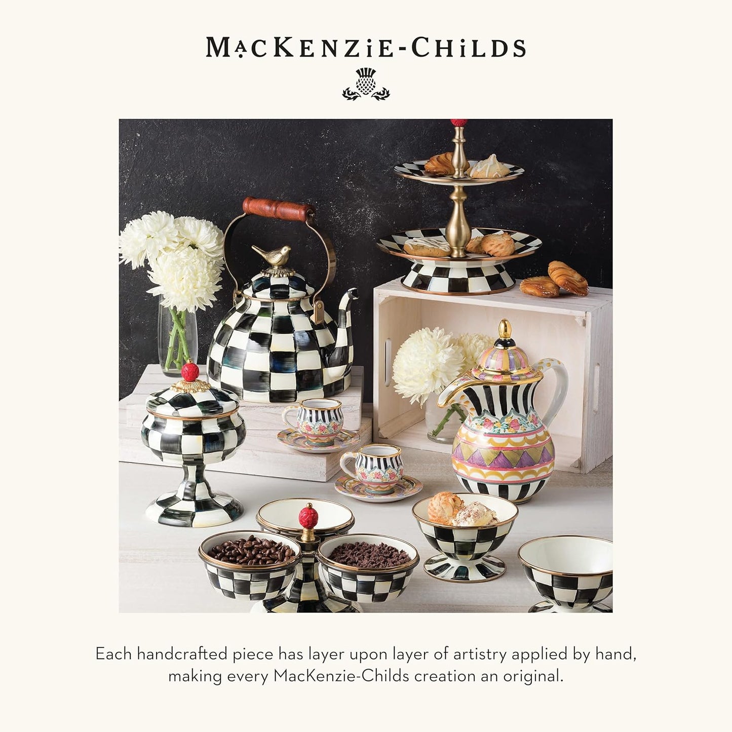 MACKENZIE-CHILDS Enamel Tea Kettle, Stylish Tea Kettle for Stovetop, Black-and-White Courtly Check, 3 Quarts
