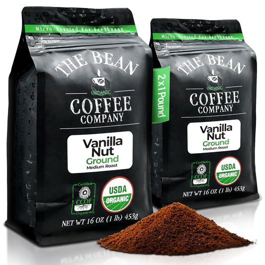 The Bean Organic Coffee Company Vanilla Nut, Medium Roast, Ground Coffee, 16-Ounce Bags (Pack of 2),Café molido tostado organico