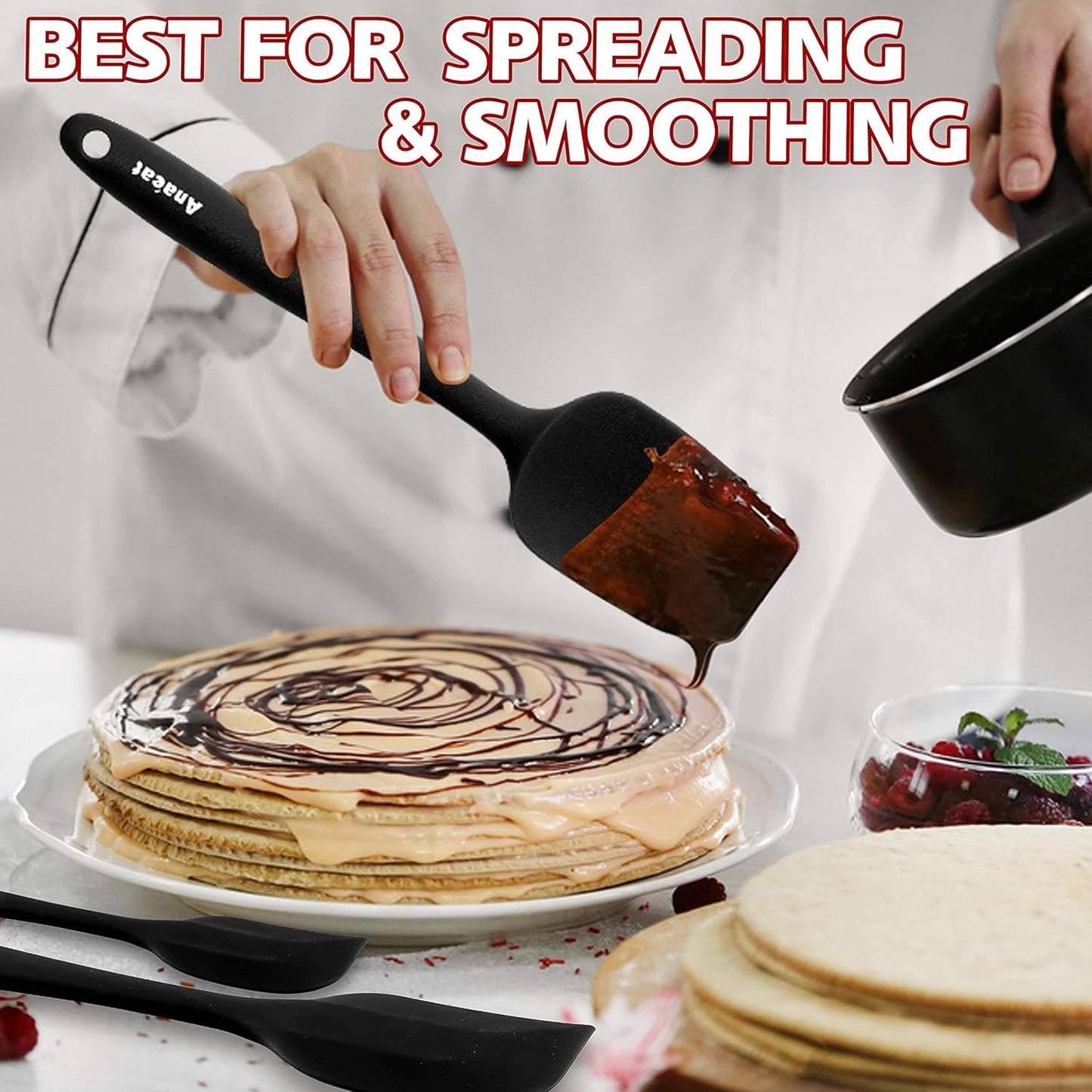 Anaeat 4 Piece Silicone Spatula Set - Seamless One-Pieces Design - Non Stick Rubber Spatulas Kitchen Scraper for Baking, Cooking, Scraping & Mixing, Heat Resistant & BPA Free & Dishwasher Safe (Black)