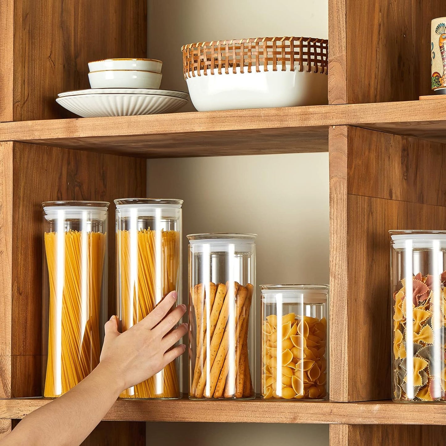 ZENS Glass Spaghetti Pasta Storage Container with Lids Set of 2, 65oz Tall Clear Airtight Food Storage Jar Canisters for Kitchen Pantry Noodles Flour Cereal Coffee Beans
