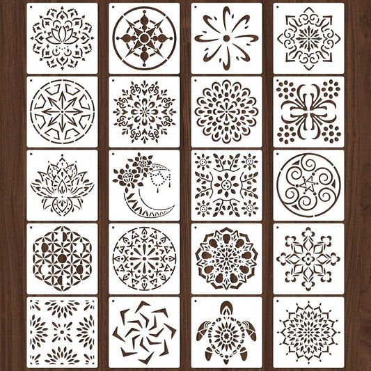 20 Pcs 4x4'' Mandala Stencils for Painting on Wood, Floor, Wall, Tile Fabric, Reusable Furniture Stencils Painting Template Mandala Template for DIY Rock Art Projects Decoration