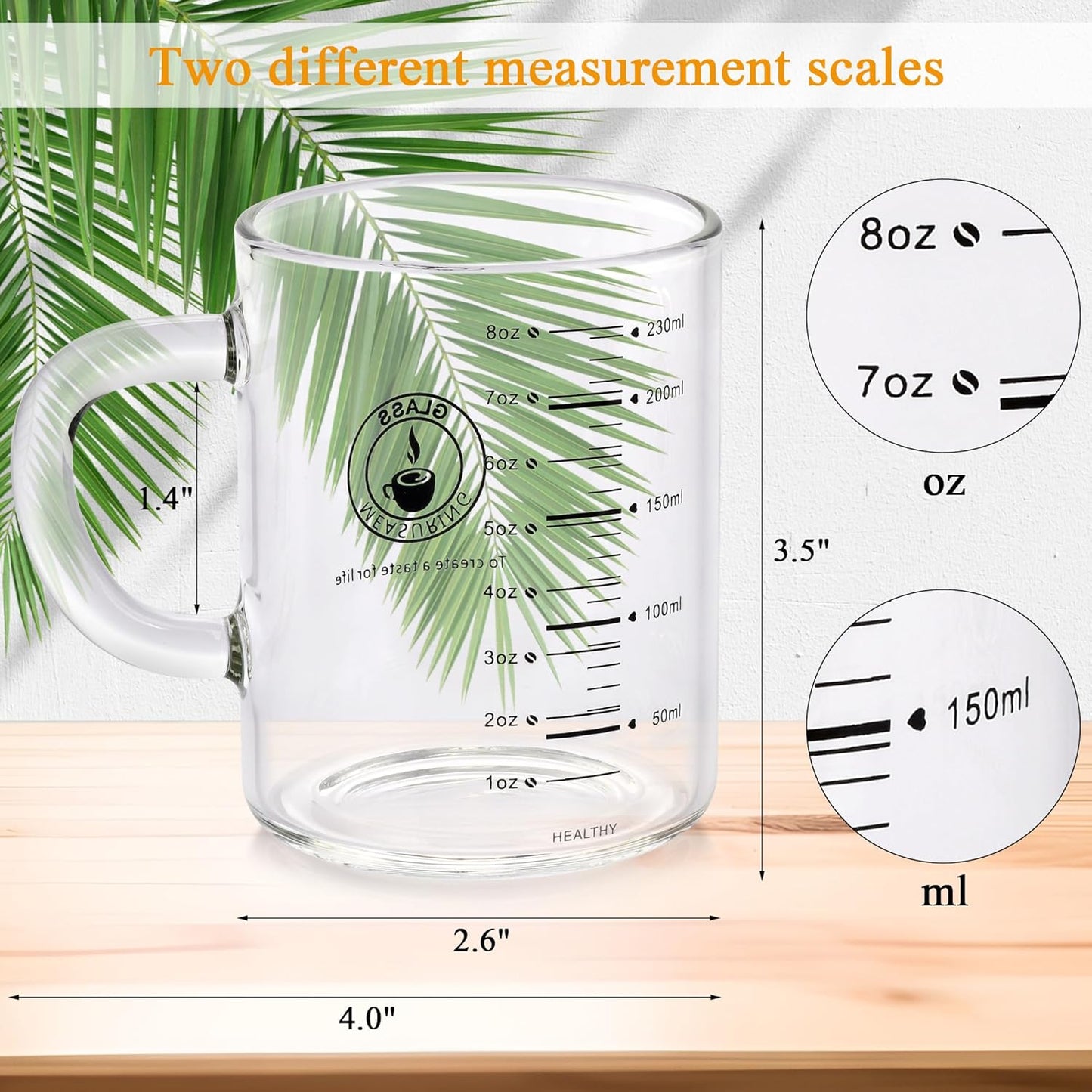 2 Piece Expresso shots cup,Glass measuring cup,8 Oz Glass Measuring Cup,Tea Glass Cups withHandles,Glass Coffee Cups for Latte(Colorful-2pcs)