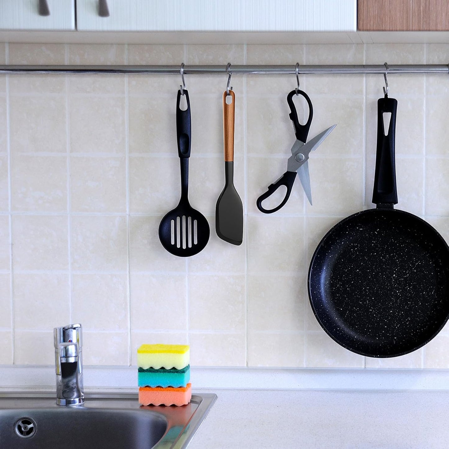 Wooden Handle Silicone Rubber Spatula Set for Kitchen Baking, Cooking, and Mixing High Heat Resistant Non Stick Dishwasher Safe BPA-Free Black+blue Set of 2 (Wooden handle spatula-Two-color)