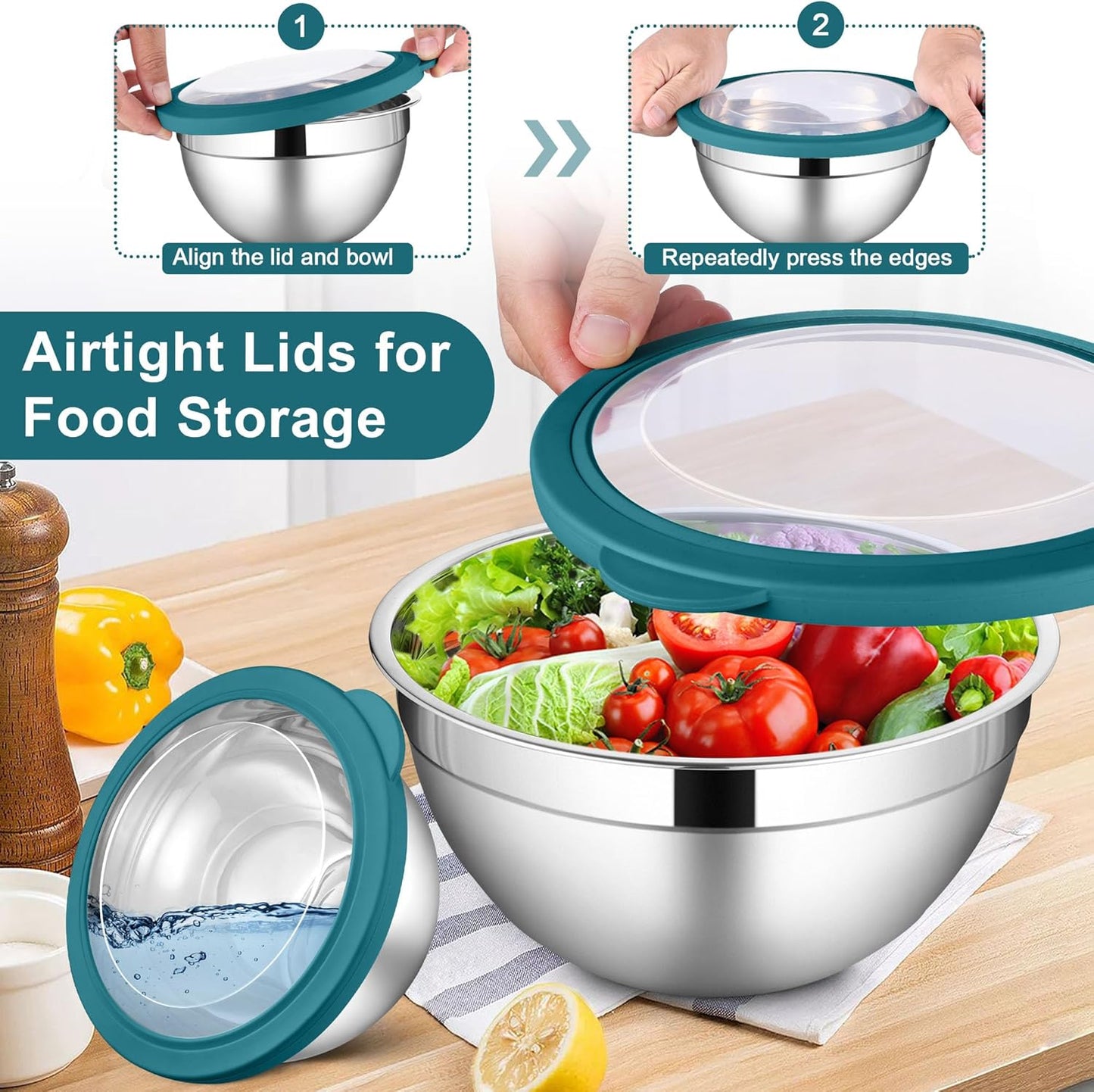 LIANYU Stainless Steel Mixing Bowls, 6 Packs Deep Metal Nesting Bowls Set for Baking Cooking Serving Prepping, Large& Small 7, 3.5, 2.5, 2, 1.5, 1QT Size, Include Visible Airtight Lid, Dark Blue