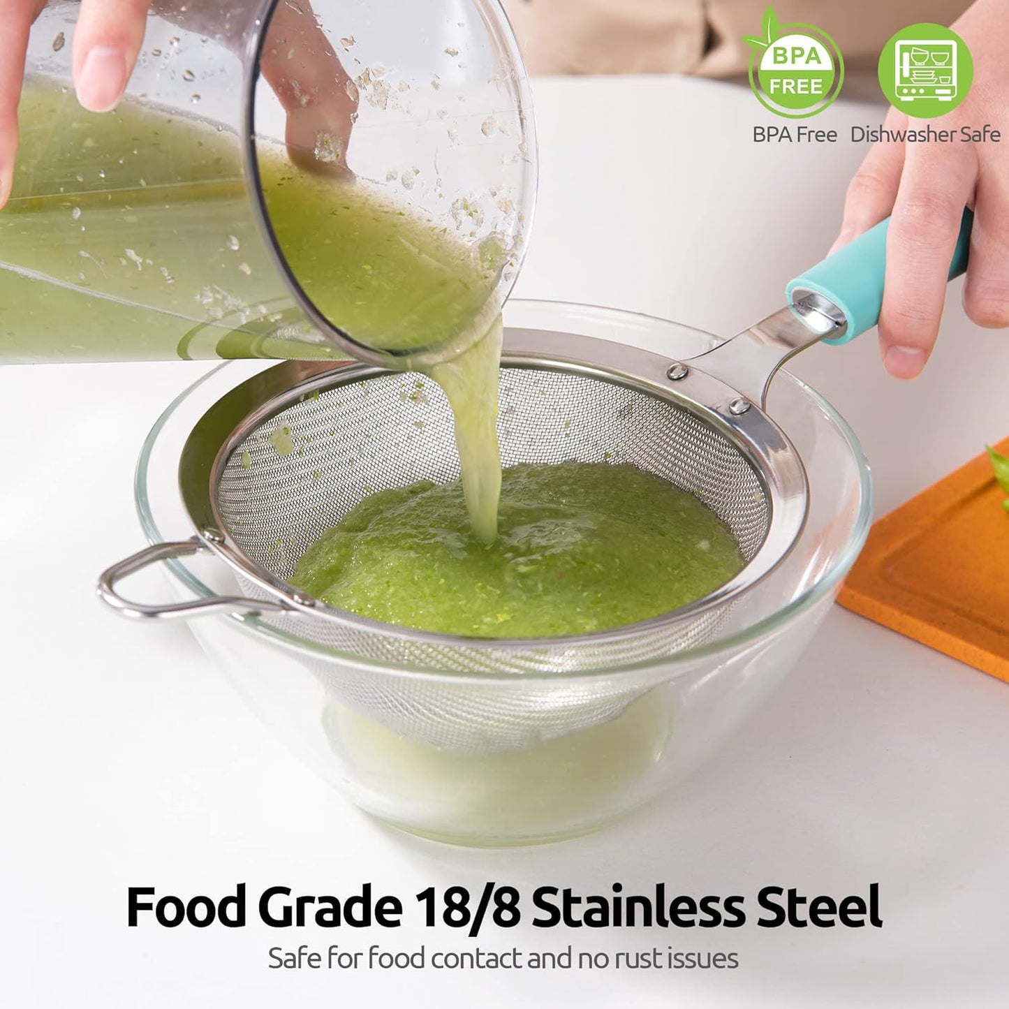 18/8 Stainless Steel Mesh Strainer: U-Taste 5.5 Inch Kitchen Fine Mesh Sieve Food Colander with Riveted Sturdy Silicone Handle and 30 Mesh Hole for Straining Flour, Pasta, Fruit, Quinoa(Aqua Sky)