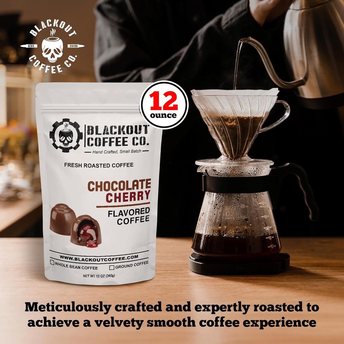 Blackout Coffee Chocolate Cherry Flavored Medium Roast - Freshly Roasted in the USA - 12 oz Ground Coffee Pouch
