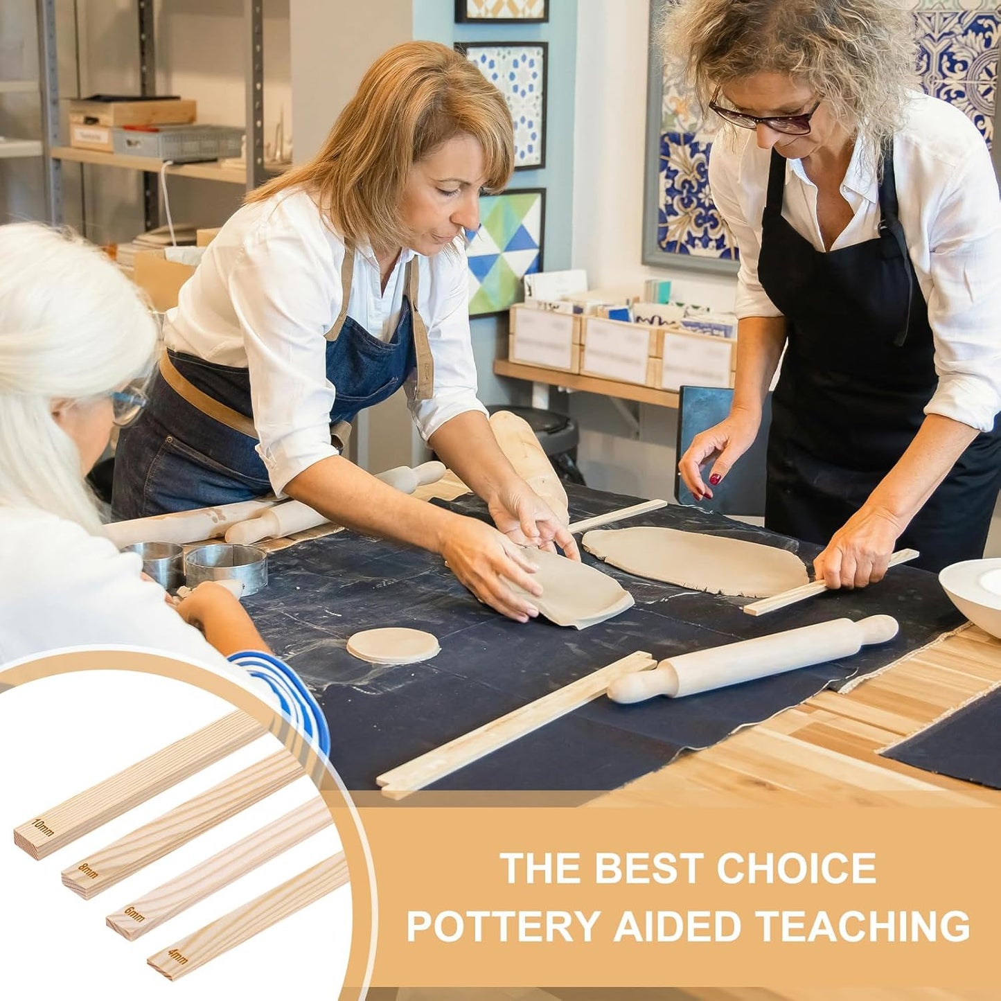 MECCANIXITY 8Pcs Pottery Teaching Rolling Mud Stick Guides, 13" x 0.8" Wood Clay Roller 4 6 8 10mm Thick Ceramic Tools Strips Rolling Guides for Clay Thickness DIY Craft