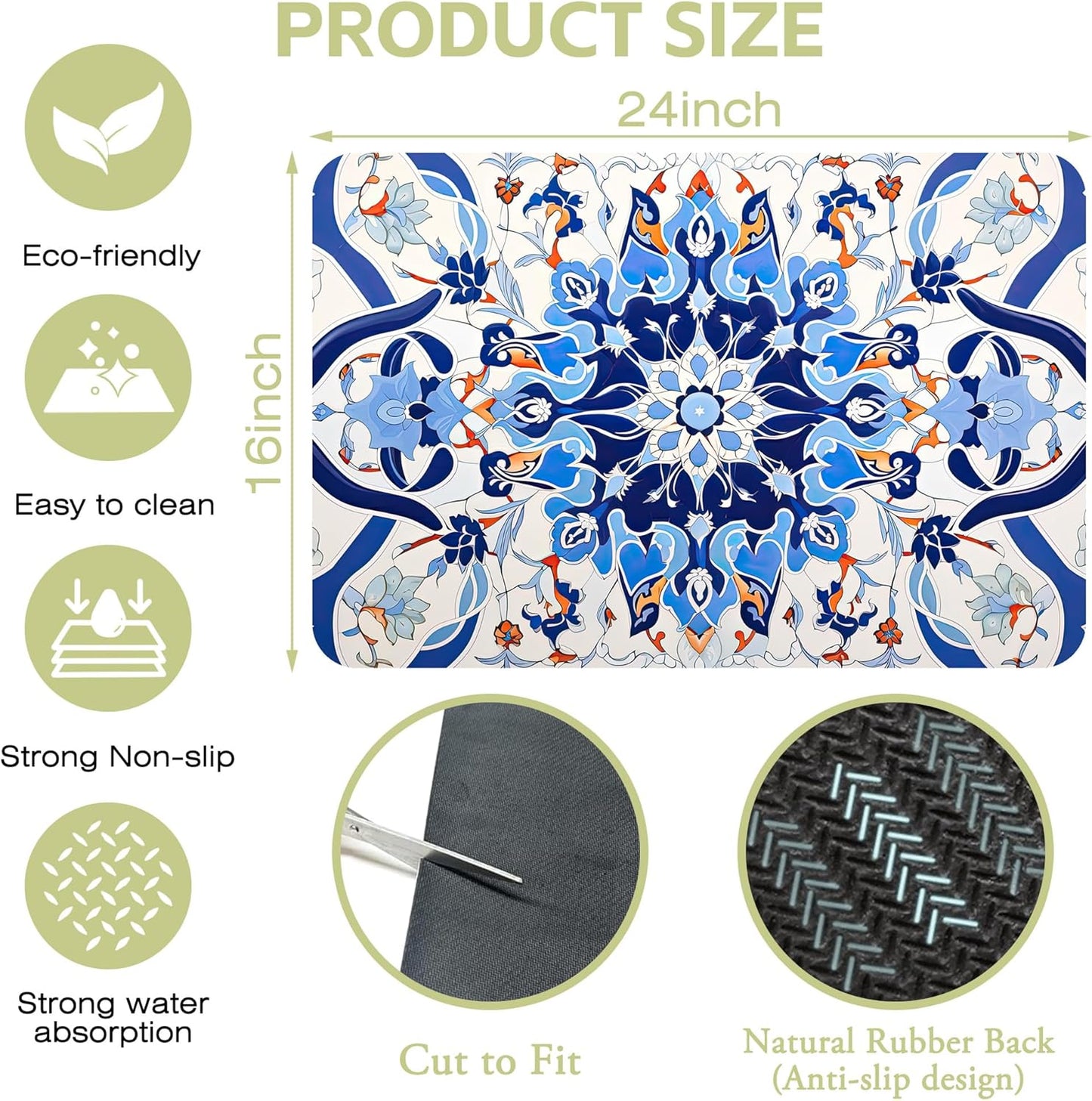 Dish Drying Mat Mandala Blue Floral Kitchen Mat 16"x24" Bsorbent Coffee Maker Mat for Dishes,Utensils Coffee Maker Pots and Pans Easy Clean Dish Slip Resistant Pad