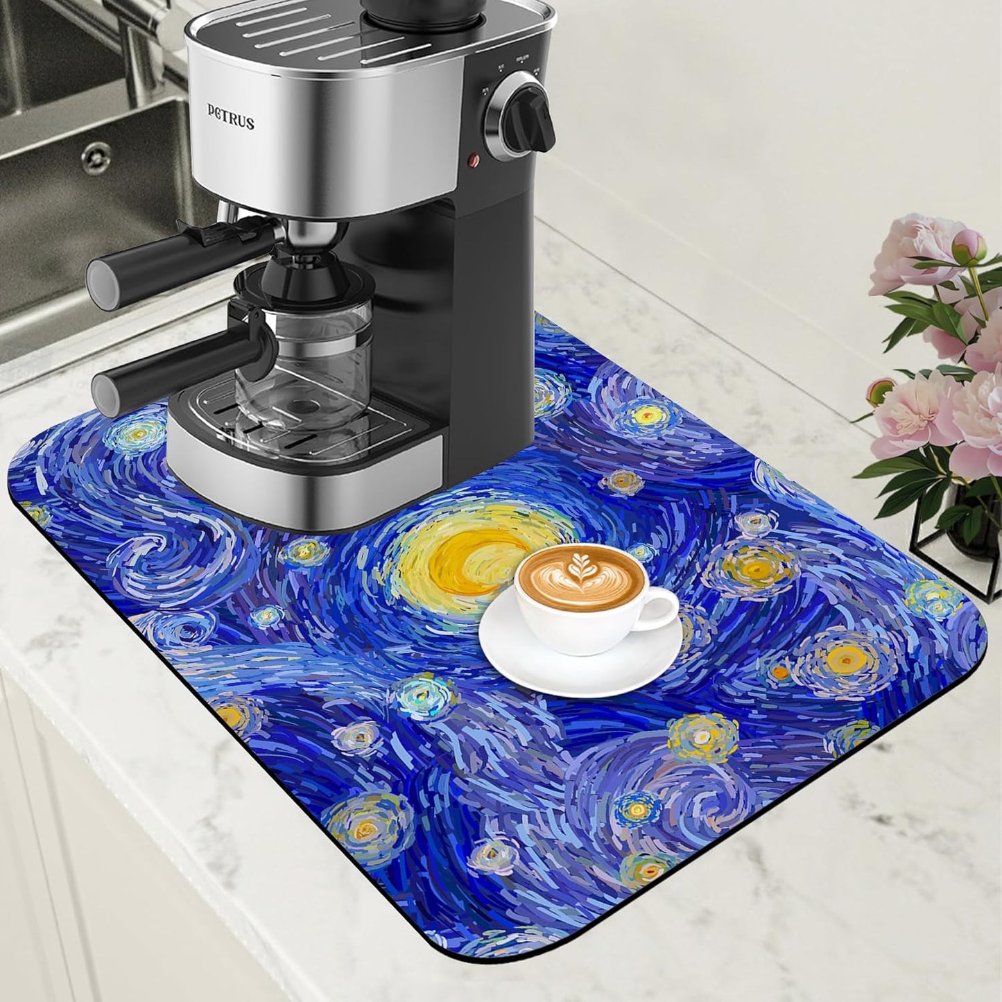Starry Night Coffee Mat Absorbent Dish Drying Mat for Kitchen Counter Hide Stain Rubber Backed Coffee Bar Accessories Fit Under Espresso Machine Dish Rack, 11.8 x 19.7 Inch